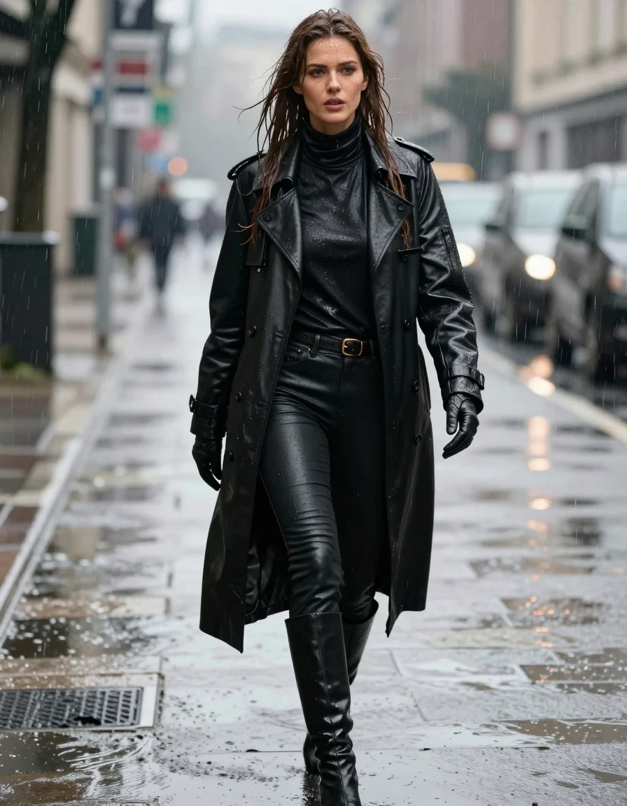 photo of young woman, in soaking wet, drenched clothes,
black leather knee-high boots, black leather jeans, oversize black leather polar neck shirt, leather gloves on both hands, black leather trench coat, walking in heavy rain, drenched in water, 
enjoying, wet clothes stuck to body,
detailed textures of the wet clothes, wet face, wet plastered hair,
wet, drenched, professional, high-quality details, full body view.
sharp focus, ultra-high pixel detail, realistic, high-quality, full colors, incredibly detailed, 4k, 8k, 16k, hyper-realistic, RAW photo, masterpiece, ultra-detailed, professionally color graded, professional photograph, white woman, long dripping wet brown hair,, wet skin, wet clothes, damp fabric, wet skin, wet clothes, damp fabric