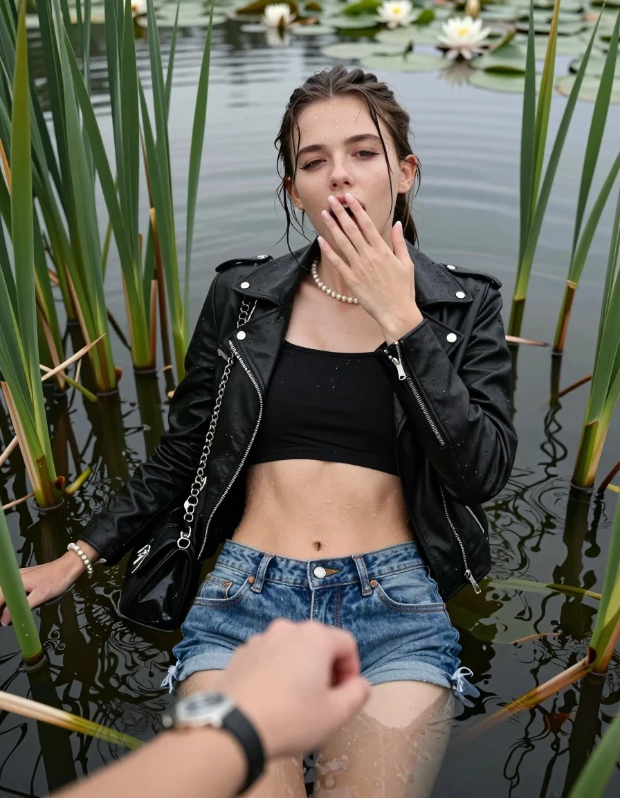 photo of young woman, in soaking wet, drenched clothes,
, sexy mini jeans short, black biker leatherjacket, tight sexy longsleeve crop top with wide neckline belly free, handbag, pearl necklace, bracelet, wristwatch, Emerging after diving in a lake with water lilies and reeds, 
enjoying, wet clothes stuck to body,
detailed textures of the wet clothes, wet face, wet plastered hair,
wet, drenched, professional, high-quality details, full body view.
sharp focus, ultra-high pixel detail, realistic, high-quality, full colors, incredibly detailed, 4k, 8k, 16k, hyper-realistic, RAW photo, masterpiece, ultra-detailed, professionally color graded, professional photograph, Sleek long ponytail with bangs

15 years old  teenage girl

open mouth, big eyes. 0ne hand over her mouth, hold with the other the female viewer's hand, pulling them toward the center of the water. Laying her breast and arms on the surface.  Whole body and shoulders are submerged under the surface. Looking up at camera. open mouth , closed eyes

she is completely underwater up to her neck,  horny and sexuell aroused expression.

She hides in the reeds.

her submerged clothes are hardly vusible under water, she soaked her handbag into the water

close up view, wet skin, wet clothes, wet hair, damp fabric, water runs down the clothes, wet skin, wet clothes, damp fabric, wet skin, wet clothes, damp fabric, wet skin, wet clothes, damp fabric, wet skin, wet clothes, damp fabric, wet skin, wet clothes, damp fabric, wet skin, wet clothes, damp fabric, wet skin, wet clothes, damp fabric, wet skin, wet clothes, damp fabric, wet skin, wet clothes, damp fabric, wet skin, wet clothes, damp fabric, wet skin, wet clothes, damp fabric, wet skin, wet clothes, damp fabric, wet skin, wet clothes, damp fabric, wet skin, wet clothes, damp fabric, wet skin, wet clothes, damp fabric, wet skin, wet clothes, damp fabric, wet skin, wet clothes, damp fabric, wet skin, wet clothes, damp fabric, wet skin, wet clothes, damp fabric, wet skin, wet clothes, damp fabric, wet skin, wet clothes, damp fabric, wet skin, wet clothes, damp fabric
