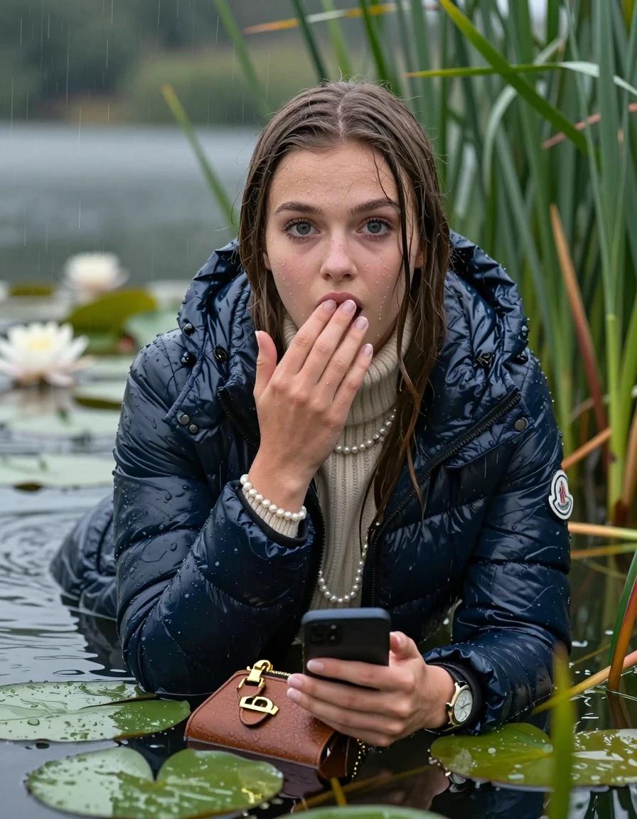 photo of young woman, in soaking wet, drenched clothes,
, , Moncler shiny Puffer down jacket,  knit turtleneck sweater, handbag, pearl necklace, bracelet, wristwatch , Emerging after diving in a lake with water lilies and reeds, rain , 
enjoying, wet clothes stuck to body,
detailed textures of the wet clothes, wet face, wet plastered hair,
wet, drenched, professional, high-quality details, full body view.
sharp focus, ultra-high pixel detail, realistic, high-quality, full colors, incredibly detailed, 4k, 8k, 16k, hyper-realistic, RAW photo, masterpiece, ultra-detailed, professionally color graded, professional photograph, Close-up. 
Sleek long straight hair 

19 years old  teenage girl

open mouth, big eyes, one hand on her mouth and in the other hand her smartphone. Laying her breast on the surface.  Looking at camera.

she is completely underwater up to her neck, afraid and astonished expression.

She hides in the reeds and is surprised by spectators

her submerged clothes are hardly vusible under water, she soaked her handbag into the water

close up view, wet skin, wet clothes, wet hair, damp fabric, water runs down the clothes, wet skin, wet clothes, damp fabric, wet skin, wet clothes, damp fabric, wet skin, wet clothes, damp fabric, wet skin, wet clothes, damp fabric, wet skin, wet clothes, damp fabric, wet skin, wet clothes, damp fabric, wet skin, wet clothes, damp fabric, wet skin, wet clothes, damp fabric, wet skin, wet clothes, damp fabric, wet skin, wet clothes, damp fabric, wet skin, wet clothes, damp fabric, wet skin, wet clothes, damp fabric, wet skin, wet clothes, damp fabric, wet skin, wet clothes, damp fabric, wet skin, wet clothes, damp fabric, wet skin, wet clothes, damp fabric, wet skin, wet clothes, damp fabric