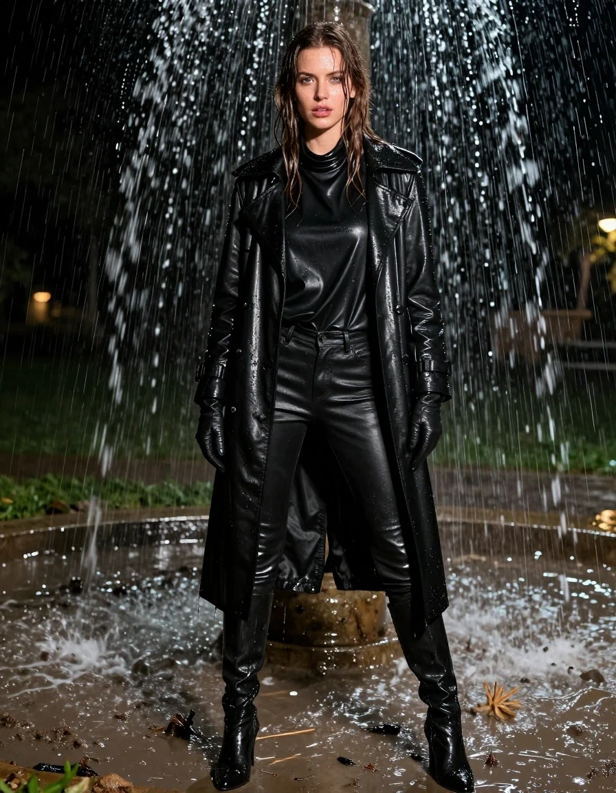 photo of young woman, in soaking wet, drenched clothes,
black leather knee-high boots, black leather jeans, oversize black leather polar neck shirt, leather gloves on both hands, black leather trench coat, standing under an outdoor fountain, drenched in water, heavy rain, at night, 
enjoying, wet clothes stuck to body,
detailed textures of the wet clothes, wet face, wet plastered hair,
wet, drenched, professional, high-quality details, full body view.
sharp focus, ultra-high pixel detail, realistic, high-quality, full colors, incredibly detailed, 4k, 8k, 16k, hyper-realistic, RAW photo, masterpiece, ultra-detailed, professionally color graded, professional photograph, white woman, long dripping wet brown hair,, wet skin, wet clothes, damp fabric, standing directly under the water from the fountain, wet skin, wet clothes, damp fabric, covered in mud from the muddy field, wet skin, wet clothes, damp fabric