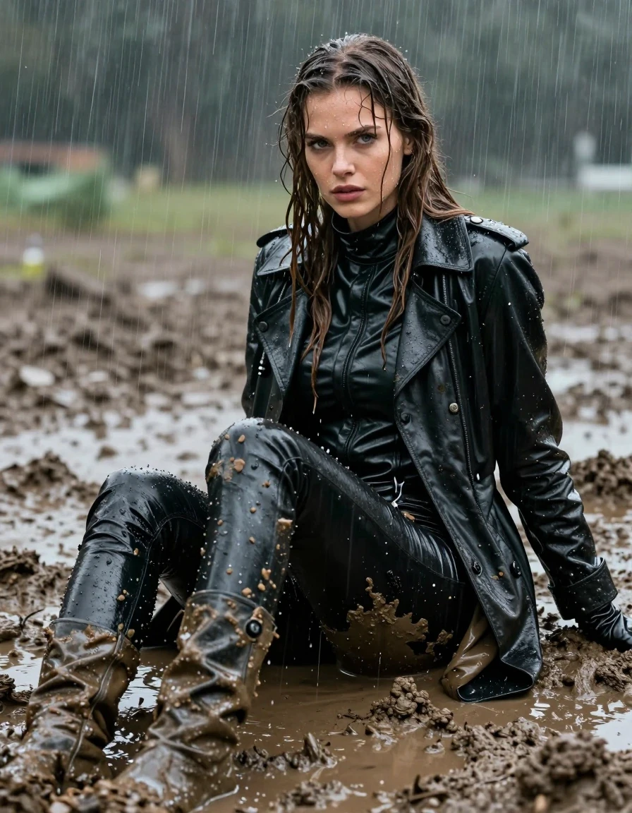 A photorealistic medium shot of a young adult European woman with long, dripping wet brown hair, sitting in a mud pit during a heavy downpour. She is wearing a black leather polar neck shirt, a black leather trench coat, and black leather gloves on both hands. Her legs are clad in black leather jeans, which are heavily soaked and coated in thick mud, showing deep, dark, saturated patches, heavy wet folds, and strong glossy specular reflections on the seams and creases. She is completely covered in mud, with water streaming down her face and skin, her clothes clinging to her body due to the intense saturation. The environment is a wet, muddy field under a torrential rainstorm, with water splashing around her. The lighting is moody and overcast, highlighting the textures of the wet leather and the slick, mud-streaked skin. High resolution, cinematic composition, sharp focus, detailed wet textures, realistic water physics, no nudity, fully clothed, professional photography.