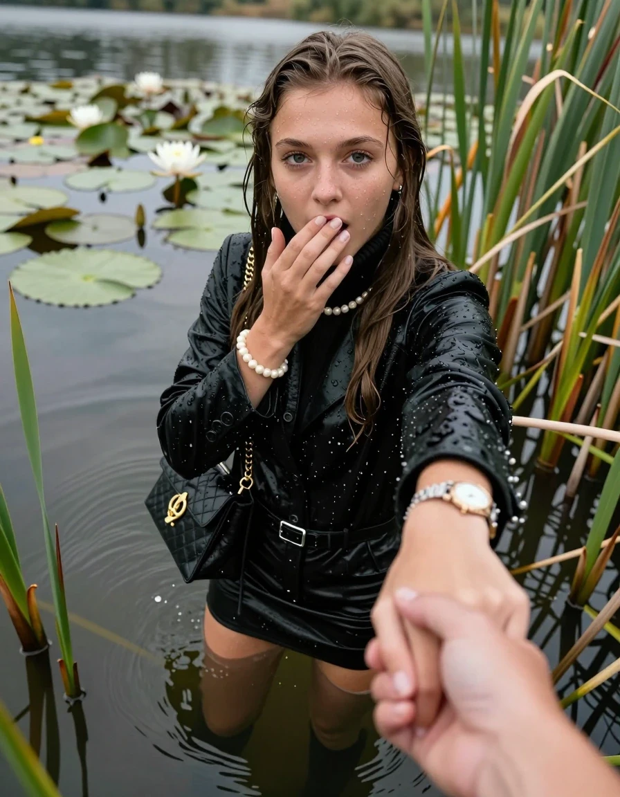photo of young woman, in soaking wet, drenched clothes,
boots, mini skirt, stockings,  black woolen winter coat,  knit turtleneck sweater, handbag, pearl necklace, bracelet, wristwatch, Emerging after diving in a lake with water lilies and reeds, 
enjoying, wet clothes stuck to body,
detailed textures of the wet clothes, wet face, wet plastered hair,
wet, drenched, professional, high-quality details, full body view.
sharp focus, ultra-high pixel detail, realistic, high-quality, full colors, incredibly detailed, 4k, 8k, 16k, hyper-realistic, RAW photo, masterpiece, ultra-detailed, professionally color graded, professional photograph, Sleek long straight hair

15 years old  teenage girl

open mouth, big eyes. 0ne hand over her mouth, hold with the other the viewer's hand, pulling them toward the center of the water. Laying her breast and arms on the surface.  Whole body and shoulders are submerged under the surface. Looking up at camera.

she is completely underwater up to her neck,  horny and sexuell aroused expression.

She hides in the reeds.

her submerged clothes are hardly vusible under water, she soaked her handbag into the water

close up view, wet skin, wet clothes, wet hair, damp fabric, water runs down the clothes, wet skin, wet clothes, damp fabric, wet skin, wet clothes, damp fabric, wet skin, wet clothes, damp fabric, wet skin, wet clothes, damp fabric, wet skin, wet clothes, damp fabric, wet skin, wet clothes, damp fabric, wet skin, wet clothes, damp fabric, wet skin, wet clothes, damp fabric, wet skin, wet clothes, damp fabric, wet skin, wet clothes, damp fabric, wet skin, wet clothes, damp fabric, wet skin, wet clothes, damp fabric, wet skin, wet clothes, damp fabric, wet skin, wet clothes, damp fabric, wet skin, wet clothes, damp fabric, wet skin, wet clothes, damp fabric, wet skin, wet clothes, damp fabric, wet skin, wet clothes, damp fabric, wet skin, wet clothes, damp fabric