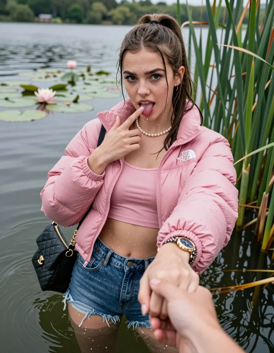 photo of young woman, in soaking wet, drenched clothes,
, sexy mini jeans short, pink puffer down jacket from north face, tight sexy longsleeve crop top with wide neckline belly free, handbag, pearl necklace, bracelet, wristwatch, Emerging after diving in a lake with water lilies and reeds, 
enjoying, wet clothes stuck to body,
detailed textures of the wet clothes, wet face, wet plastered hair,
wet, drenched, professional, high-quality details, full body view.
sharp focus, ultra-high pixel detail, realistic, high-quality, full colors, incredibly detailed, 4k, 8k, 16k, hyper-realistic, RAW photo, masterpiece, ultra-detailed, professionally color graded, professional photograph, Sleek long ponytail with bangs

15 years old  teenage girl

open mouth, big eyes. 0ne hand with a finger at her tongue  inside her mouth, hold with the other the viewer's hand, pulling them toward the center of the water. Laying her breast and arms on the surface.  Whole body and shoulders are submerged under the surface. Looking up at camera.

she is completely underwater up to her neck,  horny and sexuell aroused expression.

She hides in the reeds.

her submerged clothes are hardly vusible under water, she soaked her handbag into the water

close up view, wet skin, wet clothes, wet hair, damp fabric, water runs down the clothes, wet skin, wet clothes, damp fabric, wet skin, wet clothes, damp fabric, wet skin, wet clothes, damp fabric, wet skin, wet clothes, damp fabric, wet skin, wet clothes, damp fabric, wet skin, wet clothes, damp fabric, wet skin, wet clothes, damp fabric, wet skin, wet clothes, damp fabric, wet skin, wet clothes, damp fabric, wet skin, wet clothes, damp fabric, wet skin, wet clothes, damp fabric, wet skin, wet clothes, damp fabric, wet skin, wet clothes, damp fabric, wet skin, wet clothes, damp fabric, wet skin, wet clothes, damp fabric, wet skin, wet clothes, damp fabric, wet skin, wet clothes, damp fabric, wet skin, wet clothes, damp fabric, wet skin, wet clothes, damp fabric, wet skin, wet clothes, damp fabric, wet skin, wet clothes, damp fabric, wet skin, wet clothes, damp fabric, wet skin, wet clothes, damp fabric
