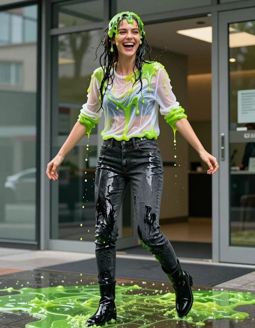 Cinematic wide shot of a young adult European woman stumbling mid-stride at a modern glass building TV studio entrance. She is drenched in thick, viscous, bright green slime that clings to her hair, skin, and clothing. She wears a crisp white mesh top, now completely soaked, translucent, and clinging to her torso, and skinny charcoal grey jeans, featuring soaking-wet denim, water-saturated heavyweight denim, grey changed to deep charcoal and black, substantially darker unevenly soaked patches, absorbed water, heavy wet folds, visible weave and stitching, and strong glossy specular reflections on the raised weave, seams, and creases. She is also wearing polished black high boots. Her expression is a spontaneous, genuine laugh with her head tilted back as slime coats her. Professional studio lighting reflects off the glistening, high-viscosity slime and wet surfaces. The scene captures the heavy splattering impact of thick liquid, with droplets splashing off her shoulders. High-angle cinematic framing, realistic street photography style, 8k resolution, vibrant natural light, detailed fabric textures, sharp focus on face and slime, anatomically correct, natural movement.