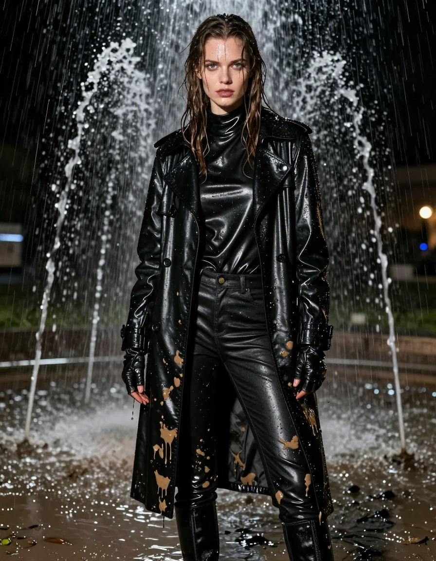 A photorealistic medium shot of a young adult European woman with long, dripping wet brown hair, standing directly under the spray of an outdoor fountain at night. She is wearing an oversize black leather polar neck shirt, a black leather trench coat, and black leather gloves on both hands. Her lower body is clad in black leather jeans tucked into black leather knee-high boots. The entire outfit and her skin are drenched in heavy rain and fountain water, with water sheen, heavy clinging folds, and a dark, saturated appearance on the leather surfaces. Her hair is matted and dripping, and her skin is glistening with wetness. She is visibly covered in streaks of mud from the muddy field, with mud splattered across her clothes and face. The scene is illuminated by harsh nighttime lighting that highlights the glossy specular reflections on the wet leather and damp fabric. The composition focuses on the subject's drenched state, emphasizing the heavy texture of the water-soaked, mud-caked leather garments, avoiding all nudity, highly detailed, 8k resolution, cinematic lighting.