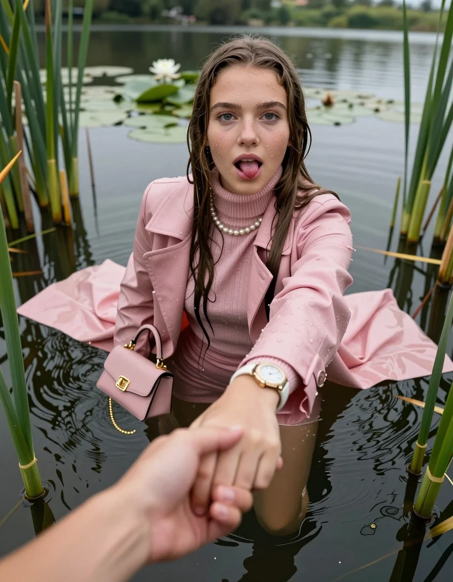 photo of young woman, in soaking wet, drenched clothes,
boots, mini skirt,  pink coat,  knit turtleneck sweater, handbag, pearl necklace, bracelet, wristwatch, Emerging after diving in a lake with water lilies and reeds, 
enjoying, wet clothes stuck to body,
detailed textures of the wet clothes, wet face, wet plastered hair,
wet, drenched, professional, high-quality details, full body view.
sharp focus, ultra-high pixel detail, realistic, high-quality, full colors, incredibly detailed, 4k, 8k, 16k, hyper-realistic, RAW photo, masterpiece, ultra-detailed, professionally color graded, professional photograph, Sleek long straight hair

15 years old  teenage girl

open mouth, big eyes. 0ne hand with a finger at her tongue  inside her mouth, hold with the other the viewer's hand, pulling them toward the center of the water. Laying her breast and arms on the surface.  Whole body and shoulders are submerged under the surface. Looking up at camera.

she is completely underwater up to her neck,  horny and sexuell aroused expression.

She hides in the reeds.

her submerged clothes are hardly vusible under water, she soaked her handbag into the water

close up view, wet skin, wet clothes, wet hair, damp fabric, water runs down the clothes, wet skin, wet clothes, damp fabric, wet skin, wet clothes, damp fabric, wet skin, wet clothes, damp fabric, wet skin, wet clothes, damp fabric, wet skin, wet clothes, damp fabric, wet skin, wet clothes, damp fabric, wet skin, wet clothes, damp fabric, wet skin, wet clothes, damp fabric, wet skin, wet clothes, damp fabric, wet skin, wet clothes, damp fabric, wet skin, wet clothes, damp fabric, wet skin, wet clothes, damp fabric, wet skin, wet clothes, damp fabric, wet skin, wet clothes, damp fabric, wet skin, wet clothes, damp fabric, wet skin, wet clothes, damp fabric, wet skin, wet clothes, damp fabric, wet skin, wet clothes, damp fabric, wet skin, wet clothes, damp fabric