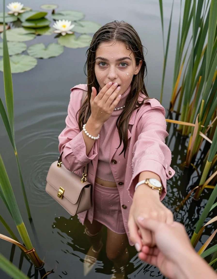 photo of young woman, in soaking wet, drenched clothes,
boots, mini skirt,  pink coat,  knit turtleneck sweater, handbag, pearl necklace, bracelet, wristwatch, Emerging after diving in a lake with water lilies and reeds, 
enjoying, wet clothes stuck to body,
detailed textures of the wet clothes, wet face, wet plastered hair,
wet, drenched, professional, high-quality details, full body view.
sharp focus, ultra-high pixel detail, realistic, high-quality, full colors, incredibly detailed, 4k, 8k, 16k, hyper-realistic, RAW photo, masterpiece, ultra-detailed, professionally color graded, professional photograph, Sleek long straight hair

15 years old  teenage girl

open mouth, big eyes. 0ne hand over her mouth, hold with the other the viewer's hand, pulling them toward the center of the water. Laying her breast and arms on the surface.  Whole body and shoulders are submerged under the surface. Looking up at camera.

she is completely underwater up to her neck,  horny and sexuell aroused expression.

She hides in the reeds.

her submerged clothes are hardly vusible under water, she soaked her handbag into the water

close up view, wet skin, wet clothes, wet hair, damp fabric, water runs down the clothes, wet skin, wet clothes, damp fabric, wet skin, wet clothes, damp fabric, wet skin, wet clothes, damp fabric, wet skin, wet clothes, damp fabric, wet skin, wet clothes, damp fabric, wet skin, wet clothes, damp fabric, wet skin, wet clothes, damp fabric, wet skin, wet clothes, damp fabric, wet skin, wet clothes, damp fabric, wet skin, wet clothes, damp fabric, wet skin, wet clothes, damp fabric, wet skin, wet clothes, damp fabric, wet skin, wet clothes, damp fabric, wet skin, wet clothes, damp fabric, wet skin, wet clothes, damp fabric, wet skin, wet clothes, damp fabric, wet skin, wet clothes, damp fabric, wet skin, wet clothes, damp fabric, wet skin, wet clothes, damp fabric