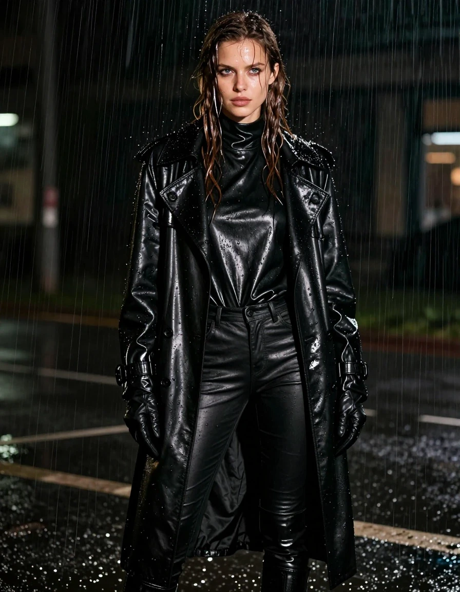 A photorealistic full-body shot of a young adult European woman with long, dripping wet brown hair and glistening wet skin, standing in heavy rain at night. She is wearing an oversize black leather polar neck shirt, a heavy black leather trench coat, black leather gloves, and tight black leather jeans tucked into black leather knee-high boots. Every garment is drenched in water, with the leather appearing dark, heavy, and saturated, featuring deep folds, clinging textures, and intense glossy specular highlights from the rain. The fabric of the leather is visibly slick with a high-sheen wetlook finish, reflecting the dim ambient night light. The woman is standing still, drenched and saturated, with water cascading off her hair and clothing. The scene is captured with sharp focus, high contrast, cinematic lighting, and realistic moisture effects, emphasizing the weight and texture of the soaked leather materials in a dark, moody urban environment. No nudity, clean anatomy, fully clothed, realistic textures.