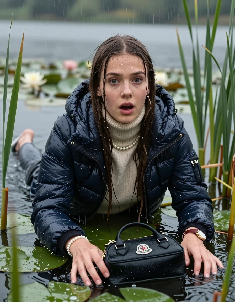 photo of young woman, in soaking wet, drenched clothes,
, , Moncler shiny Puffer down jacket,  knit turtleneck sweater, handbag, pearl necklace, bracelet, wristwatch , Emerging after diving in a lake with water lilies and reeds, rain , 
enjoying, wet clothes stuck to body,
detailed textures of the wet clothes, wet face, wet plastered hair,
wet, drenched, professional, high-quality details, full body view.
sharp focus, ultra-high pixel detail, realistic, high-quality, full colors, incredibly detailed, 4k, 8k, 16k, hyper-realistic, RAW photo, masterpiece, ultra-detailed, professionally color graded, professional photograph, Sleek long straight hair 

19 years old  teenage girl

Laying her breast on the surface.  Looking at camera.

she is completely underwater up to her neck, stupified shocked expression. 

She hides in the reeds and is surprised by spectators

her submerged clothes are hardly vusible under water, she soaked her handbag into the water

close up view, wet skin, wet clothes, wet hair, damp fabric, water runs down the clothes, wet skin, wet clothes, damp fabric, wet skin, wet clothes, damp fabric, wet skin, wet clothes, damp fabric, wet skin, wet clothes, damp fabric, wet skin, wet clothes, damp fabric, wet skin, wet clothes, damp fabric, wet skin, wet clothes, damp fabric, wet skin, wet clothes, damp fabric, wet skin, wet clothes, damp fabric, wet skin, wet clothes, damp fabric, wet skin, wet clothes, damp fabric, wet skin, wet clothes, damp fabric, wet skin, wet clothes, damp fabric, wet skin, wet clothes, damp fabric, wet skin, wet clothes, damp fabric, wet skin, wet clothes, damp fabric, wet skin, wet clothes, damp fabric