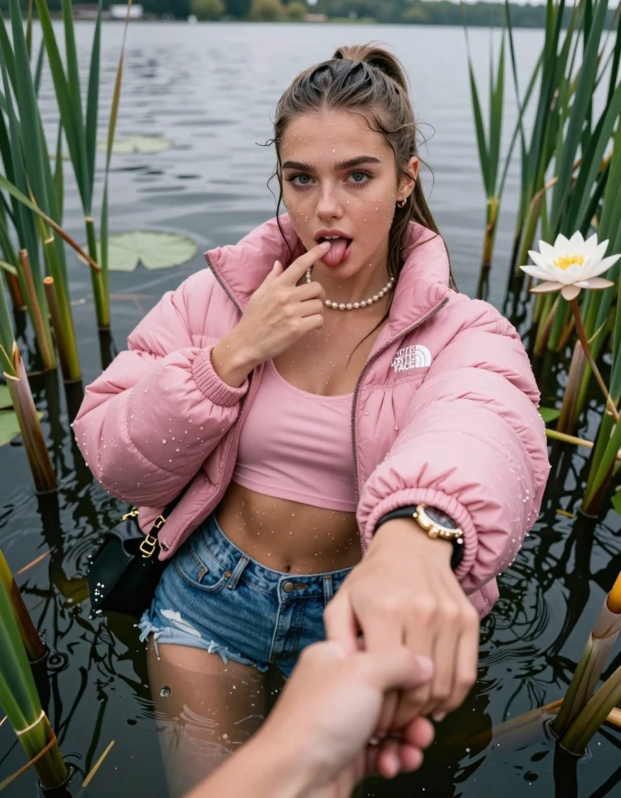 photo of young woman, in soaking wet, drenched clothes,
, sexy mini jeans short, pink puffer down jacket from north face, tight sexy longsleeve crop top with wide neckline belly free, handbag, pearl necklace, bracelet, wristwatch, Emerging after diving in a lake with water lilies and reeds, 
enjoying, wet clothes stuck to body,
detailed textures of the wet clothes, wet face, wet plastered hair,
wet, drenched, professional, high-quality details, full body view.
sharp focus, ultra-high pixel detail, realistic, high-quality, full colors, incredibly detailed, 4k, 8k, 16k, hyper-realistic, RAW photo, masterpiece, ultra-detailed, professionally color graded, professional photograph, Sleek long ponytail with bangs

15 years old  teenage girl

open mouth, big eyes. 0ne hand with a finger at her tongue  inside her mouth, hold with the other the viewer's hand, pulling them toward the center of the water. Laying her breast and arms on the surface.  Whole body and shoulders are submerged under the surface. Looking up at camera.

she is completely underwater up to her neck,  horny and sexuell aroused expression.

She hides in the reeds.

her submerged clothes are hardly vusible under water, she soaked her handbag into the water

close up view, wet skin, wet clothes, wet hair, damp fabric, water runs down the clothes, wet skin, wet clothes, damp fabric, wet skin, wet clothes, damp fabric, wet skin, wet clothes, damp fabric, wet skin, wet clothes, damp fabric, wet skin, wet clothes, damp fabric, wet skin, wet clothes, damp fabric, wet skin, wet clothes, damp fabric, wet skin, wet clothes, damp fabric, wet skin, wet clothes, damp fabric, wet skin, wet clothes, damp fabric, wet skin, wet clothes, damp fabric, wet skin, wet clothes, damp fabric, wet skin, wet clothes, damp fabric, wet skin, wet clothes, damp fabric, wet skin, wet clothes, damp fabric, wet skin, wet clothes, damp fabric, wet skin, wet clothes, damp fabric, wet skin, wet clothes, damp fabric, wet skin, wet clothes, damp fabric, wet skin, wet clothes, damp fabric, wet skin, wet clothes, damp fabric, wet skin, wet clothes, damp fabric