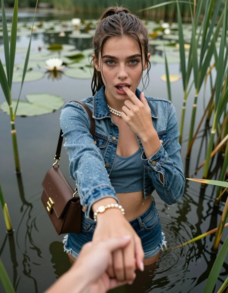photo of young woman, in soaking wet, drenched clothes,
, sexy mini jeans short, denim jacket, tight sexy longsleeve crop top with wide neckline belly free, handbag, pearl necklace, bracelet, wristwatch, Emerging after diving in a lake with water lilies and reeds, 
enjoying, wet clothes stuck to body,
detailed textures of the wet clothes, wet face, wet plastered hair,
wet, drenched, professional, high-quality details, full body view.
sharp focus, ultra-high pixel detail, realistic, high-quality, full colors, incredibly detailed, 4k, 8k, 16k, hyper-realistic, RAW photo, masterpiece, ultra-detailed, professionally color graded, professional photograph, Sleek long ponytail with bangs

15 years old  teenage girl

open mouth, big eyes. 0ne hand with a finger at her tongue  inside her mouth, hold with the other the viewer's hand, pulling them toward the center of the water. Laying her breast and arms on the surface.  Whole body and shoulders are submerged under the surface. Looking up at camera.

she is completely underwater up to her neck,  horny and sexuell aroused expression.

She hides in the reeds.

her submerged clothes are hardly vusible under water, she soaked her handbag into the water

close up view, wet skin, wet clothes, wet hair, damp fabric, water runs down the clothes, wet skin, wet clothes, damp fabric, wet skin, wet clothes, damp fabric, wet skin, wet clothes, damp fabric, wet skin, wet clothes, damp fabric, wet skin, wet clothes, damp fabric, wet skin, wet clothes, damp fabric, wet skin, wet clothes, damp fabric, wet skin, wet clothes, damp fabric, wet skin, wet clothes, damp fabric, wet skin, wet clothes, damp fabric, wet skin, wet clothes, damp fabric, wet skin, wet clothes, damp fabric, wet skin, wet clothes, damp fabric, wet skin, wet clothes, damp fabric, wet skin, wet clothes, damp fabric, wet skin, wet clothes, damp fabric, wet skin, wet clothes, damp fabric, wet skin, wet clothes, damp fabric, wet skin, wet clothes, damp fabric, wet skin, wet clothes, damp fabric, wet skin, wet clothes, damp fabric, wet skin, wet clothes, damp fabric