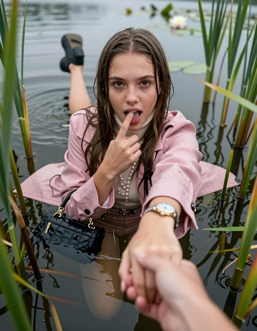 photo of young woman, in soaking wet, drenched clothes,
pumps, mini skirt,  pink coat,  knit turtleneck sweater, handbag, pearl necklace, bracelet, wristwatch, Emerging after diving in a lake with water lilies and reeds, 
enjoying, wet clothes stuck to body,
detailed textures of the wet clothes, wet face, wet plastered hair,
wet, drenched, professional, high-quality details, full body view.
sharp focus, ultra-high pixel detail, realistic, high-quality, full colors, incredibly detailed, 4k, 8k, 16k, hyper-realistic, RAW photo, masterpiece, ultra-detailed, professionally color graded, professional photograph, Sleek long straight hair

15 years old  teenage girl

open mouth, big eyes. 0ne hand with a finger at her tongue  inside her mouth, hold with the other the viewer's hand, pulling them toward the center of the water. Laying her breast and arms on the surface.  Whole body and shoulders are submerged under the surface. Looking up at camera.

she is completely underwater up to her neck,  horny and sexuell aroused expression.

She hides in the reeds.

her submerged clothes are hardly vusible under water, she soaked her handbag into the water

close up view, wet skin, wet clothes, wet hair, damp fabric, water runs down the clothes, wet skin, wet clothes, damp fabric, wet skin, wet clothes, damp fabric, wet skin, wet clothes, damp fabric, wet skin, wet clothes, damp fabric, wet skin, wet clothes, damp fabric, wet skin, wet clothes, damp fabric, wet skin, wet clothes, damp fabric, wet skin, wet clothes, damp fabric, wet skin, wet clothes, damp fabric, wet skin, wet clothes, damp fabric, wet skin, wet clothes, damp fabric, wet skin, wet clothes, damp fabric, wet skin, wet clothes, damp fabric, wet skin, wet clothes, damp fabric, wet skin, wet clothes, damp fabric, wet skin, wet clothes, damp fabric, wet skin, wet clothes, damp fabric, wet skin, wet clothes, damp fabric, wet skin, wet clothes, damp fabric