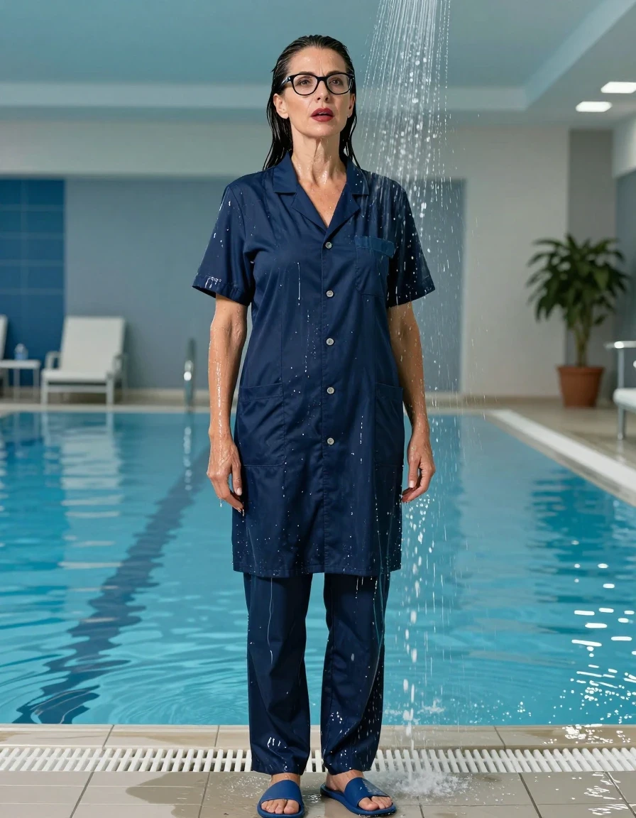 photo of young woman, in soaking wet, drenched clothes,
slippers, long dark blue labtrousers, maxi dark blue labcoat with short sleeves, TAKING SHOWER, indoor swimming pool, enjoying wet clothes stuck body, 
enjoying, wet clothes stuck to body,
detailed textures of the wet clothes, wet face, wet plastered hair,
wet, drenched, professional, high-quality details, full body view.
sharp focus, ultra-high pixel detail, realistic, high-quality, full colors, incredibly detailed, 4k, 8k, 16k, hyper-realistic, RAW photo, masterpiece, ultra-detailed, professionally color graded, professional photograph, europen brunette skinny woman 50 years old, long dark black hair, very big and thick lips,  office glasses, complete body, wet skin, wet clothes, damp fabric, wet skin, wet clothes, damp fabric, wet skin, wet clothes, damp fabric, wet skin, wet clothes, damp fabric, wet skin, wet clothes, damp fabric