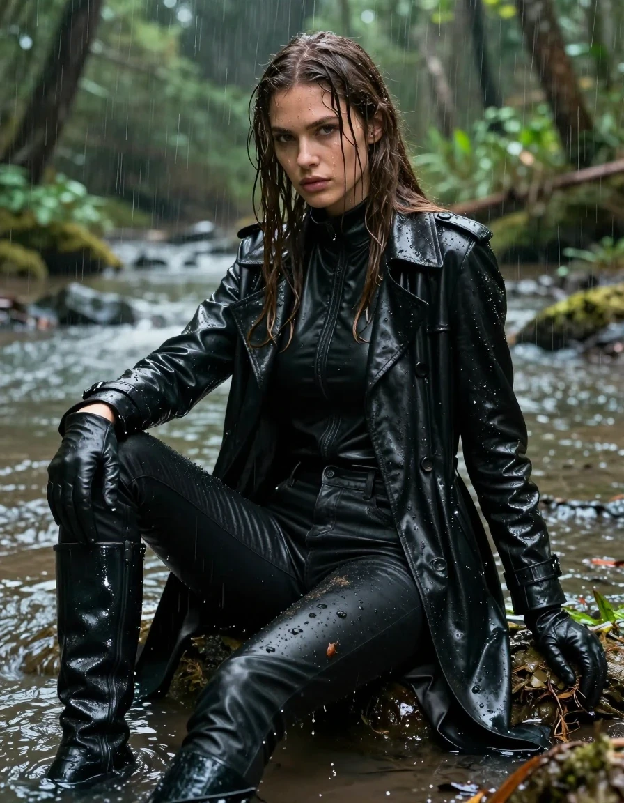 A photorealistic medium shot of a young adult European woman with long, dripping wet brown hair, sitting in a shallow river within a lush forest during a heavy downpour. She is fully drenched, with water cascading over her skin and clothing. She is wearing a black leather polar neck shirt, black leather jeans, a long black leather trench coat, and black leather knee-high boots, with leather gloves on both hands. The leather garments are heavily saturated, displaying deep glossy specular reflections, water sheens, and heavy folds clinging to her body. Her skin and clothes are partially coated in streaks of dark mud from the surrounding muddy forest floor. The scene is captured with high-detail textures, showing the wet fabric clinging to her form, water droplets running down her face and hair, and the dark, soaked aesthetic of the leather. The lighting is moody and overcast, emphasizing the cold, wet atmosphere of the forest river, with sharp focus on the textures of the wet leather and mud.