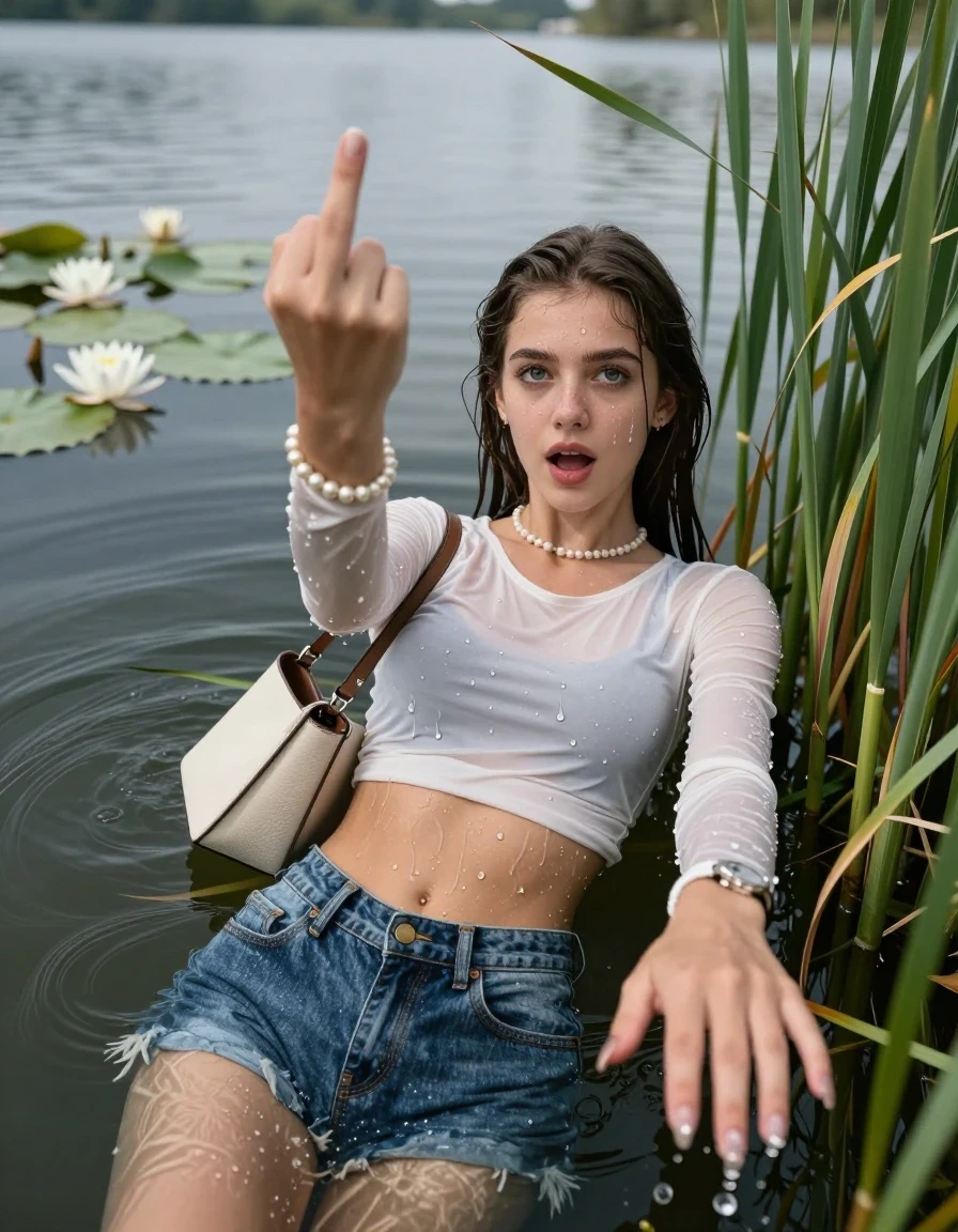 photo of young woman, in soaking wet, drenched clothes,
, sexy mini jeans short, tight sexy longsleeve crop top with wide neckline belly free, handbag, pearl necklace, bracelet, wristwatch, Emerging after diving in a lake with water lilies and reeds, 
enjoying, wet clothes stuck to body,
detailed textures of the wet clothes, wet face, wet plastered hair,
wet, drenched, professional, high-quality details, full body view.
sharp focus, ultra-high pixel detail, realistic, high-quality, full colors, incredibly detailed, 4k, 8k, 16k, hyper-realistic, RAW photo, masterpiece, ultra-detailed, professionally color graded, professional photograph, Sleek long straight hair

15 years old  teenage girl

open mouth, big eyes. 0ne hand raised with the middle finger up, hold with the other the viewer's hand, pulling them toward the center of the water. Laying her breast and arms on the surface.  Whole body and shoulders are submerged under the surface. Looking up at camera.

she is completely underwater up to her neck,  horny and sexuell aroused expression.

She hides in the reeds.

her submerged clothes are hardly vusible under water, she soaked her handbag into the water

close up view, wet skin, wet clothes, wet hair, damp fabric, water runs down the clothes, wet skin, wet clothes, damp fabric, wet skin, wet clothes, damp fabric, wet skin, wet clothes, damp fabric, wet skin, wet clothes, damp fabric, wet skin, wet clothes, damp fabric, wet skin, wet clothes, damp fabric, wet skin, wet clothes, damp fabric, wet skin, wet clothes, damp fabric, wet skin, wet clothes, damp fabric, wet skin, wet clothes, damp fabric, wet skin, wet clothes, damp fabric, wet skin, wet clothes, damp fabric, wet skin, wet clothes, damp fabric, wet skin, wet clothes, damp fabric, wet skin, wet clothes, damp fabric, wet skin, wet clothes, damp fabric, wet skin, wet clothes, damp fabric, wet skin, wet clothes, damp fabric, wet skin, wet clothes, damp fabric, wet skin, wet clothes, damp fabric, wet skin, wet clothes, damp fabric