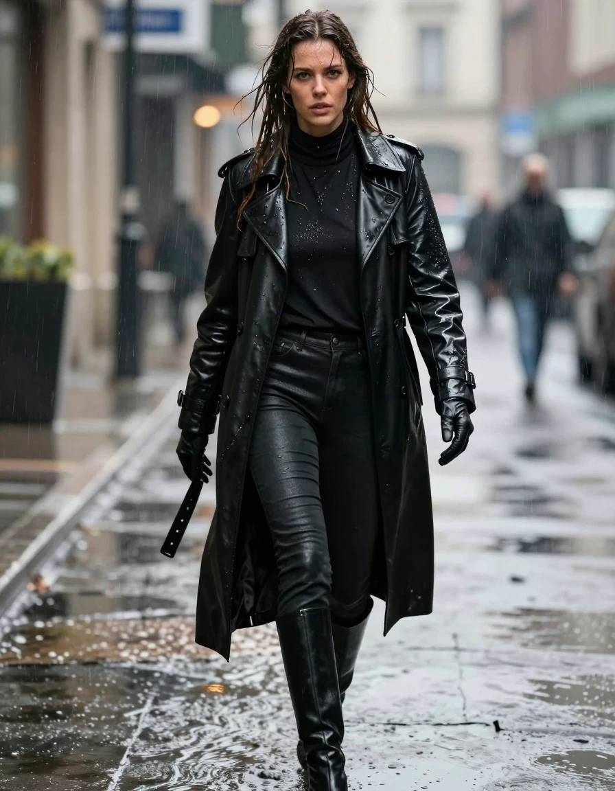 photo of young woman, in soaking wet, drenched clothes,
black leather knee-high boots, black leather jeans, oversize black leather polar neck shirt, leather gloves on both hands, black leather trench coat, walking in heavy rain, drenched in water, 
enjoying, wet clothes stuck to body,
detailed textures of the wet clothes, wet face, wet plastered hair,
wet, drenched, professional, high-quality details, full body view.
sharp focus, ultra-high pixel detail, realistic, high-quality, full colors, incredibly detailed, 4k, 8k, 16k, hyper-realistic, RAW photo, masterpiece, ultra-detailed, professionally color graded, professional photograph, white woman, long dripping wet brown hair,, wet skin, wet clothes, damp fabric, wet skin, wet clothes, damp fabric
