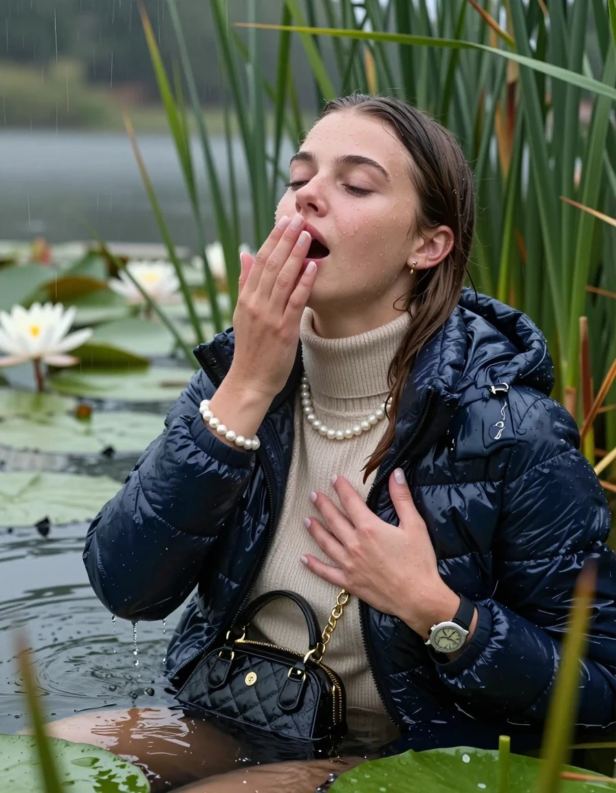 photo of young woman, in soaking wet, drenched clothes,
, , Moncler shiny Puffer down jacket,  knit turtleneck sweater, handbag, pearl necklace, bracelet, wristwatch , Emerging after diving in a lake with water lilies and reeds, rain , 
enjoying, wet clothes stuck to body,
detailed textures of the wet clothes, wet face, wet plastered hair,
wet, drenched, professional, high-quality details, full body view.
sharp focus, ultra-high pixel detail, realistic, high-quality, full colors, incredibly detailed, 4k, 8k, 16k, hyper-realistic, RAW photo, masterpiece, ultra-detailed, professionally color graded, professional photograph, Sleek long straight hair 

19 years old  teenage girl

open mouth, big eyes, hold one hand on her mouth, the other hand on her breast.  Laying her breast on the surface.  Looking up. Closed eyes.

she is completely underwater up to her neck, horny  and sexuell aroused expression. Has an orgasm.

She hides in the reeds and is surprised by spectators

her submerged clothes are hardly vusible under water, she soaked her handbag into the water

close up view, wet skin, wet clothes, wet hair, damp fabric, water runs down the clothes, wet skin, wet clothes, damp fabric, wet skin, wet clothes, damp fabric, wet skin, wet clothes, damp fabric, wet skin, wet clothes, damp fabric, wet skin, wet clothes, damp fabric, wet skin, wet clothes, damp fabric, wet skin, wet clothes, damp fabric, wet skin, wet clothes, damp fabric, wet skin, wet clothes, damp fabric, wet skin, wet clothes, damp fabric, wet skin, wet clothes, damp fabric, wet skin, wet clothes, damp fabric, wet skin, wet clothes, damp fabric, wet skin, wet clothes, damp fabric, wet skin, wet clothes, damp fabric, wet skin, wet clothes, damp fabric, wet skin, wet clothes, damp fabric
