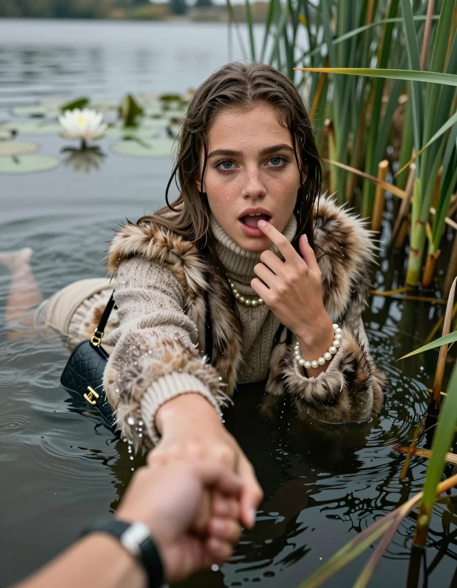 photo of young woman, in soaking wet, drenched clothes,
, ,  fur coat,  knit turtleneck sweater, handbag, pearl necklace, bracelet, wristwatch, Emerging after diving in a lake with water lilies and reeds, 
enjoying, wet clothes stuck to body,
detailed textures of the wet clothes, wet face, wet plastered hair,
wet, drenched, professional, high-quality details, full body view.
sharp focus, ultra-high pixel detail, realistic, high-quality, full colors, incredibly detailed, 4k, 8k, 16k, hyper-realistic, RAW photo, masterpiece, ultra-detailed, professionally color graded, professional photograph, Sleek long straight hair

15 years old  teenage girl

open mouth, big eyes. 0ne hand with a finger at her tongue  inside her mouth, hold with the other the viewer's hand, pulling them toward the center of the water. Laying her breast and arms on the surface.  Whole body and shoulders are submerged under the surface. Looking up at camera.

she is completely underwater up to her neck,  horny and sexuell aroused expression.

She hides in the reeds.

her submerged clothes are hardly vusible under water, she soaked her handbag into the water

close up view, wet skin, wet clothes, wet hair, damp fabric, water runs down the clothes, wet skin, wet clothes, damp fabric, wet skin, wet clothes, damp fabric, wet skin, wet clothes, damp fabric, wet skin, wet clothes, damp fabric, wet skin, wet clothes, damp fabric, wet skin, wet clothes, damp fabric, wet skin, wet clothes, damp fabric, wet skin, wet clothes, damp fabric, wet skin, wet clothes, damp fabric, wet skin, wet clothes, damp fabric, wet skin, wet clothes, damp fabric, wet skin, wet clothes, damp fabric, wet skin, wet clothes, damp fabric, wet skin, wet clothes, damp fabric, wet skin, wet clothes, damp fabric, wet skin, wet clothes, damp fabric, wet skin, wet clothes, damp fabric, wet skin, wet clothes, damp fabric, wet skin, wet clothes, damp fabric