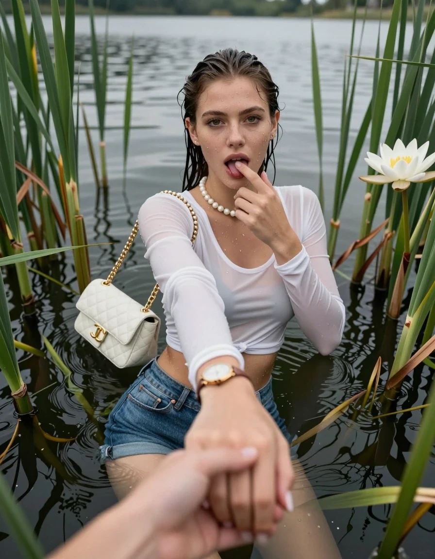 photo of young woman, in soaking wet, drenched clothes,
, sexy mini jeans short, tight sexy longsleeve crop top with wide neckline belly free, handbag, pearl necklace, bracelet, wristwatch, Emerging after diving in a lake with water lilies and reeds, 
enjoying, wet clothes stuck to body,
detailed textures of the wet clothes, wet face, wet plastered hair,
wet, drenched, professional, high-quality details, full body view.
sharp focus, ultra-high pixel detail, realistic, high-quality, full colors, incredibly detailed, 4k, 8k, 16k, hyper-realistic, RAW photo, masterpiece, ultra-detailed, professionally color graded, professional photograph, Sleek long ponytail with bangs

15 years old  teenage girl

open mouth, big eyes. 0ne hand with a finger at her tongue  inside her mouth, hold with the other the viewer's hand, pulling them toward the center of the water. Laying her breast and arms on the surface.  Whole body and shoulders are submerged under the surface. Looking up at camera.

she is completely underwater up to her neck,  horny and sexuell aroused expression.

She hides in the reeds.

her submerged clothes are hardly vusible under water, she soaked her handbag into the water

close up view, wet skin, wet clothes, wet hair, damp fabric, water runs down the clothes, wet skin, wet clothes, damp fabric, wet skin, wet clothes, damp fabric, wet skin, wet clothes, damp fabric, wet skin, wet clothes, damp fabric, wet skin, wet clothes, damp fabric, wet skin, wet clothes, damp fabric, wet skin, wet clothes, damp fabric, wet skin, wet clothes, damp fabric, wet skin, wet clothes, damp fabric, wet skin, wet clothes, damp fabric, wet skin, wet clothes, damp fabric, wet skin, wet clothes, damp fabric, wet skin, wet clothes, damp fabric, wet skin, wet clothes, damp fabric, wet skin, wet clothes, damp fabric, wet skin, wet clothes, damp fabric, wet skin, wet clothes, damp fabric, wet skin, wet clothes, damp fabric, wet skin, wet clothes, damp fabric, wet skin, wet clothes, damp fabric, wet skin, wet clothes, damp fabric, wet skin, wet clothes, damp fabric