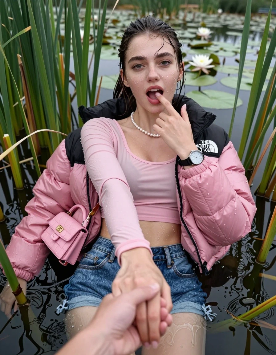 photo of young woman, in soaking wet, drenched clothes,
, sexy mini jeans short, pink puffer down jacket from north face, tight sexy longsleeve crop top with wide neckline belly free, handbag, pearl necklace, bracelet, wristwatch, Emerging after diving in a lake with water lilies and reeds, 
enjoying, wet clothes stuck to body,
detailed textures of the wet clothes, wet face, wet plastered hair,
wet, drenched, professional, high-quality details, full body view.
sharp focus, ultra-high pixel detail, realistic, high-quality, full colors, incredibly detailed, 4k, 8k, 16k, hyper-realistic, RAW photo, masterpiece, ultra-detailed, professionally color graded, professional photograph, Sleek long ponytail with bangs

15 years old  teenage girl

open mouth, big eyes. 0ne hand with a finger at her tongue  inside her mouth, hold with the other the viewer's hand, pulling them toward the center of the water. Laying her breast and arms on the surface.  Whole body and shoulders are submerged under the surface. Looking up at camera.

she is completely underwater up to her neck,  horny and sexuell aroused expression.

She hides in the reeds.

her submerged clothes are hardly vusible under water, she soaked her handbag into the water

close up view, wet skin, wet clothes, wet hair, damp fabric, water runs down the clothes, wet skin, wet clothes, damp fabric, wet skin, wet clothes, damp fabric, wet skin, wet clothes, damp fabric, wet skin, wet clothes, damp fabric, wet skin, wet clothes, damp fabric, wet skin, wet clothes, damp fabric, wet skin, wet clothes, damp fabric, wet skin, wet clothes, damp fabric, wet skin, wet clothes, damp fabric, wet skin, wet clothes, damp fabric, wet skin, wet clothes, damp fabric, wet skin, wet clothes, damp fabric, wet skin, wet clothes, damp fabric, wet skin, wet clothes, damp fabric, wet skin, wet clothes, damp fabric, wet skin, wet clothes, damp fabric, wet skin, wet clothes, damp fabric, wet skin, wet clothes, damp fabric, wet skin, wet clothes, damp fabric, wet skin, wet clothes, damp fabric, wet skin, wet clothes, damp fabric, wet skin, wet clothes, damp fabric