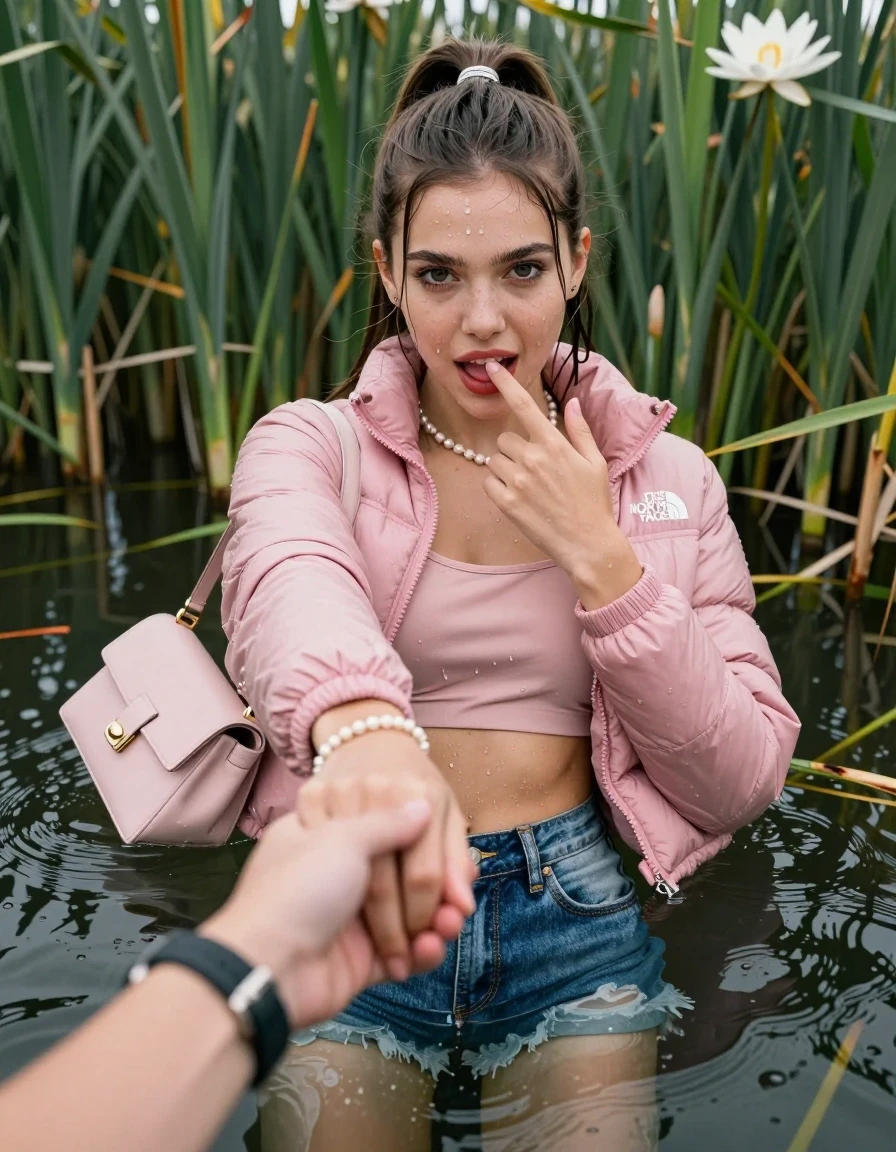 photo of young woman, in soaking wet, drenched clothes,
, sexy mini jeans short, pink puffer down jacket from north face, tight sexy longsleeve crop top with wide neckline belly free, handbag, pearl necklace, bracelet, wristwatch, Emerging after diving in a lake with water lilies and reeds, 
enjoying, wet clothes stuck to body,
detailed textures of the wet clothes, wet face, wet plastered hair,
wet, drenched, professional, high-quality details, full body view.
sharp focus, ultra-high pixel detail, realistic, high-quality, full colors, incredibly detailed, 4k, 8k, 16k, hyper-realistic, RAW photo, masterpiece, ultra-detailed, professionally color graded, professional photograph, Sleek long ponytail with bangs

15 years old  teenage girl

open mouth, big eyes. 0ne hand with a finger at her tongue  inside her mouth, hold with the other the viewer's hand, pulling them toward the center of the water. Laying her breast and arms on the surface.  Whole body and shoulders are submerged under the surface. Looking up at camera. horny eyes.

she is completely underwater up to her neck,  horny and sexuell aroused expression.

She hides in the reeds.

her submerged clothes are hardly vusible under water, she soaked her handbag into the water

close up view, wet skin, wet clothes, wet hair, damp fabric, water runs down the clothes, wet skin, wet clothes, damp fabric, wet skin, wet clothes, damp fabric, wet skin, wet clothes, damp fabric, wet skin, wet clothes, damp fabric, wet skin, wet clothes, damp fabric, wet skin, wet clothes, damp fabric, wet skin, wet clothes, damp fabric, wet skin, wet clothes, damp fabric, wet skin, wet clothes, damp fabric, wet skin, wet clothes, damp fabric, wet skin, wet clothes, damp fabric, wet skin, wet clothes, damp fabric, wet skin, wet clothes, damp fabric, wet skin, wet clothes, damp fabric, wet skin, wet clothes, damp fabric, wet skin, wet clothes, damp fabric, wet skin, wet clothes, damp fabric, wet skin, wet clothes, damp fabric, wet skin, wet clothes, damp fabric, wet skin, wet clothes, damp fabric, wet skin, wet clothes, damp fabric, wet skin, wet clothes, damp fabric, wet skin, wet clothes, damp fabric