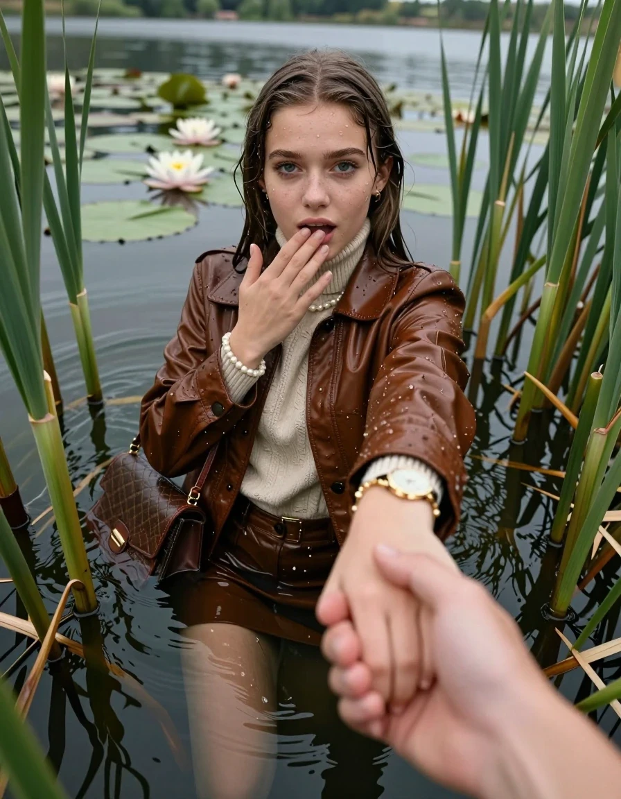 photo of young woman, in soaking wet, drenched clothes,
boots, mini skirt, stockings,  brown leather blouson,  knit turtleneck sweater, handbag, pearl necklace, bracelet, wristwatch, Emerging after diving in a lake with water lilies and reeds, 
enjoying, wet clothes stuck to body,
detailed textures of the wet clothes, wet face, wet plastered hair,
wet, drenched, professional, high-quality details, full body view.
sharp focus, ultra-high pixel detail, realistic, high-quality, full colors, incredibly detailed, 4k, 8k, 16k, hyper-realistic, RAW photo, masterpiece, ultra-detailed, professionally color graded, professional photograph, Sleek long straight hair

15 years old  teenage girl

open mouth, big eyes. 0ne hand over her mouth, hold with the other the viewer's hand, pulling them toward the center of the water. Laying her breast and arms on the surface.  Whole body and shoulders are submerged under the surface. Looking up at camera.

she is completely underwater up to her neck,  horny and sexuell aroused expression.

She hides in the reeds.

her submerged clothes are hardly vusible under water, she soaked her handbag into the water

close up view, wet skin, wet clothes, wet hair, damp fabric, water runs down the clothes, wet skin, wet clothes, damp fabric, wet skin, wet clothes, damp fabric, wet skin, wet clothes, damp fabric, wet skin, wet clothes, damp fabric, wet skin, wet clothes, damp fabric, wet skin, wet clothes, damp fabric, wet skin, wet clothes, damp fabric, wet skin, wet clothes, damp fabric, wet skin, wet clothes, damp fabric, wet skin, wet clothes, damp fabric, wet skin, wet clothes, damp fabric, wet skin, wet clothes, damp fabric, wet skin, wet clothes, damp fabric, wet skin, wet clothes, damp fabric, wet skin, wet clothes, damp fabric, wet skin, wet clothes, damp fabric, wet skin, wet clothes, damp fabric, wet skin, wet clothes, damp fabric, wet skin, wet clothes, damp fabric