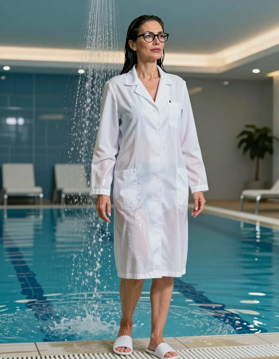 photo of young woman, in soaking wet, drenched clothes,
slippers, , maxi white labcoat, TAKING SHOWER, indoor swimming pool, enjoying wet clothes stuck body, 
enjoying, wet clothes stuck to body,
detailed textures of the wet clothes, wet face, wet plastered hair,
wet, drenched, professional, high-quality details, full body view.
sharp focus, ultra-high pixel detail, realistic, high-quality, full colors, incredibly detailed, 4k, 8k, 16k, hyper-realistic, RAW photo, masterpiece, ultra-detailed, professionally color graded, professional photograph, europen brunette skinny woman 50 years old, long dark black hair, very big and thick lips,  office glasses, complete body, wet skin, wet clothes, damp fabric, wet skin, wet clothes, damp fabric, wet skin, wet clothes, damp fabric, wet skin, wet clothes, damp fabric, wet skin, wet clothes, damp fabric