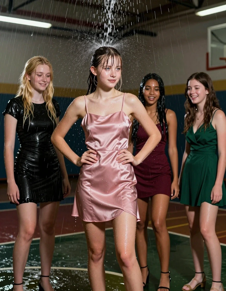 photo of young woman, in soaking wet, drenched clothes,
, , dress, 4 college girls playing at homecoming in a dark indoor gym with all its lights when it started pouring water from the ceiling on them, 
enjoying, wet clothes stuck to body,
detailed textures of the wet clothes, wet face, wet plastered hair,
wet, drenched, professional, high-quality details, full body view.
sharp focus, ultra-high pixel detail, realistic, high-quality, full colors, incredibly detailed, 4k, 8k, 16k, hyper-realistic, RAW photo, masterpiece, ultra-detailed, professionally color graded, professional photograph, college girls both having fun together. All a similar age, a nineteen year old girl, with a flat and slim body, skinny body, flat and skinny chest, a She has a wide square young face but a small very skinny waist and skinny legs, a very small chest and very small breasts, she is a pale brunette with ponytail and bangs, She has a small body, She is full of youthful energy. wearing a pink formal satin cocktail dress with a straight neckline and loose dress straps, her right dress strap has fallen off her shoulder and down her arm, she has her hands on her hips,. Her friend has blonde hair and is quite skinny, ,a wide square face, she is wearing a fit black short sleeve coctail dress. The third girl is 19, with a tan complexion and dark black hair, she is wearing a maroon mini dress, The 4th girl is brunette with a small body and thin legs, she is wearing a green prom dress, all of them except the blonde girl have very small breasts. wet skin, wet clothes, damp fabric,, wet skin, wet clothes, damp fabric, wet skin, wet clothes, damp fabric, wet skin, wet clothes, damp fabric, wet skin, wet clothes, damp fabric, wet skin, wet clothes, damp fabric, wet skin, wet clothes, damp fabric, wet skin, wet clothes, damp fabric