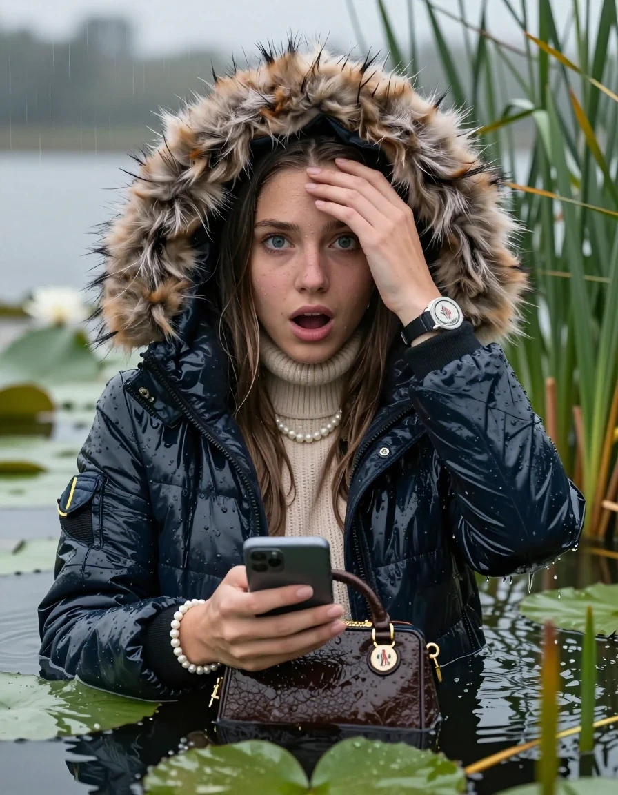 photo of young woman, in soaking wet, drenched clothes,
, , Moncler Puffer down jacket with big fur hood,  knit turtleneck sweater, handbag, pearl necklace, bracelet, wristwatch , Emerging after diving in a lake with water lilies and reeds, rain , 
enjoying, wet clothes stuck to body,
detailed textures of the wet clothes, wet face, wet plastered hair,
wet, drenched, professional, high-quality details, full body view.
sharp focus, ultra-high pixel detail, realistic, high-quality, full colors, incredibly detailed, 4k, 8k, 16k, hyper-realistic, RAW photo, masterpiece, ultra-detailed, professionally color graded, professional photograph, Close-up. 
Sleek long straight hair 

19 years old  teenage girl

open mouth, big eyes, one hand on her forehead and in the other hand her smartphone. Laying her breast on the surface.  Looking at camera.

she is completely underwater up to her neck, afraid and astonished expression.

She hides in the reeds and is surprised by spectators

her submerged clothes are hardly vusible under water, she soaked her handbag into the water

close up view, wet skin, wet clothes, wet hair, damp fabric, water runs down the clothes, wet skin, wet clothes, damp fabric, wet skin, wet clothes, damp fabric, wet skin, wet clothes, damp fabric, wet skin, wet clothes, damp fabric, wet skin, wet clothes, damp fabric, wet skin, wet clothes, damp fabric, wet skin, wet clothes, damp fabric, wet skin, wet clothes, damp fabric, wet skin, wet clothes, damp fabric, wet skin, wet clothes, damp fabric, wet skin, wet clothes, damp fabric, wet skin, wet clothes, damp fabric, wet skin, wet clothes, damp fabric, wet skin, wet clothes, damp fabric, wet skin, wet clothes, damp fabric, wet skin, wet clothes, damp fabric, wet skin, wet clothes, damp fabric