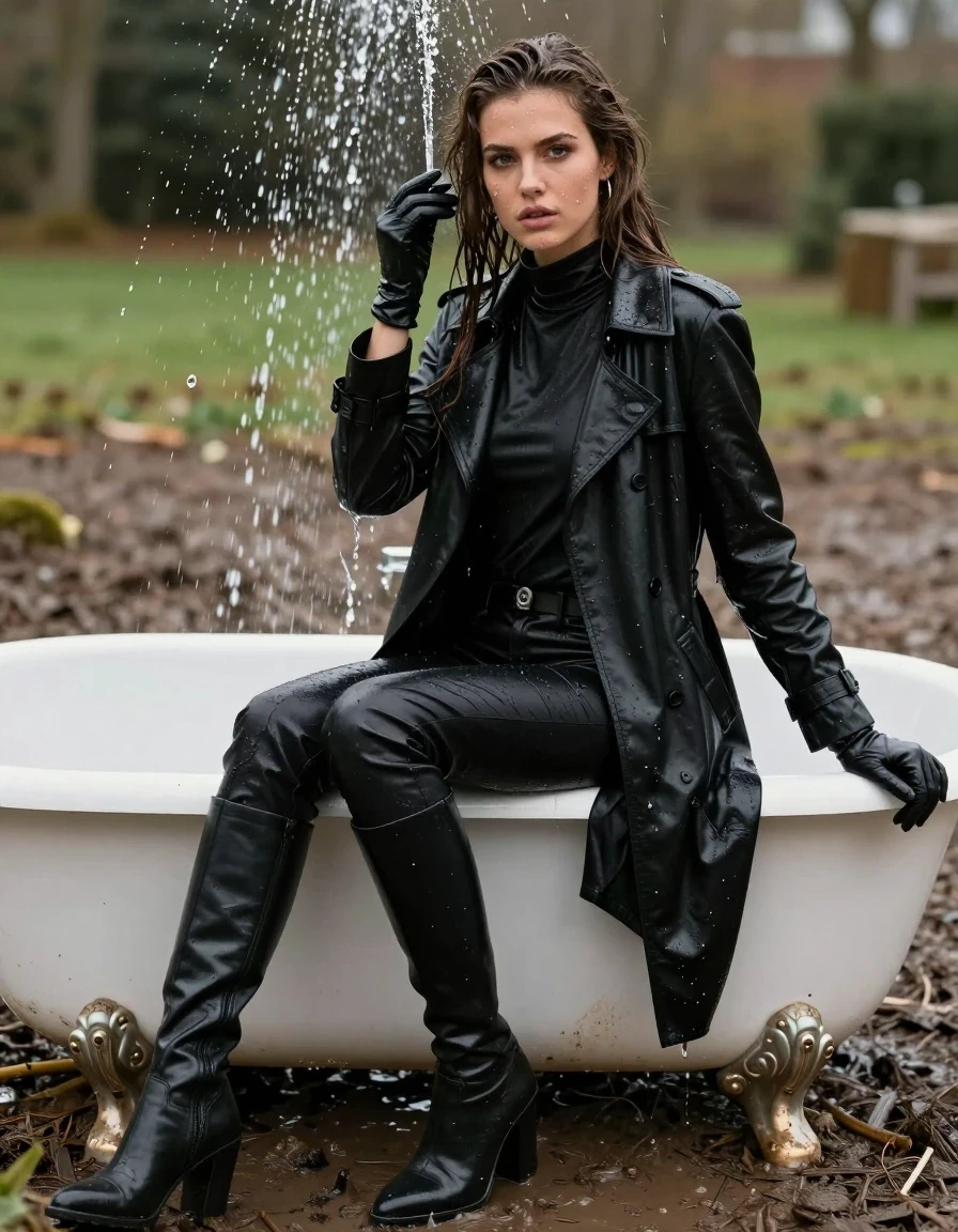photo of young woman, in soaking wet, drenched clothes,
black leather knee-high boots, black leather jeans, black leather polar neck shirt, leather gloves on both hands, black leather trench coat, sitting in a bathtub, drenched in water, 
enjoying, wet clothes stuck to body,
detailed textures of the wet clothes, wet face, wet plastered hair,
wet, drenched, professional, high-quality details, full body view.
sharp focus, ultra-high pixel detail, realistic, high-quality, full colors, incredibly detailed, 4k, 8k, 16k, hyper-realistic, RAW photo, masterpiece, ultra-detailed, professionally color graded, professional photograph, white woman, long dripping wet brown hair,, wet skin, wet clothes, damp fabric, standing directly under the water from the fountain, wet skin, wet clothes, damp fabric, covered in mud from the muddy field, wet skin, wet clothes, damp fabric
