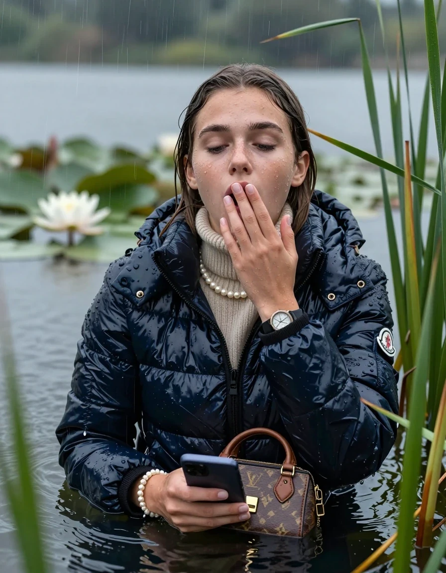photo of young woman, in soaking wet, drenched clothes,
, , Moncler shiny Puffer down jacket,  knit turtleneck sweater, handbag, pearl necklace, bracelet, wristwatch , Emerging after diving in a lake with water lilies and reeds, rain , 
enjoying, wet clothes stuck to body,
detailed textures of the wet clothes, wet face, wet plastered hair,
wet, drenched, professional, high-quality details, full body view.
sharp focus, ultra-high pixel detail, realistic, high-quality, full colors, incredibly detailed, 4k, 8k, 16k, hyper-realistic, RAW photo, masterpiece, ultra-detailed, professionally color graded, professional photograph, Sleek long straight hair 

19 years old  teenage girl

open mouth, big eyes, one hand on her mouth and in the other hand her smartphone. Laying her breast on the surface.  Looking up. Closed eyes.

she is completely underwater up to her neck, afraid and astonished expression.

She hides in the reeds and is surprised by spectators

her submerged clothes are hardly vusible under water, she soaked her handbag into the water

close up view, wet skin, wet clothes, wet hair, damp fabric, water runs down the clothes, wet skin, wet clothes, damp fabric, wet skin, wet clothes, damp fabric, wet skin, wet clothes, damp fabric, wet skin, wet clothes, damp fabric, wet skin, wet clothes, damp fabric, wet skin, wet clothes, damp fabric, wet skin, wet clothes, damp fabric, wet skin, wet clothes, damp fabric, wet skin, wet clothes, damp fabric, wet skin, wet clothes, damp fabric, wet skin, wet clothes, damp fabric, wet skin, wet clothes, damp fabric, wet skin, wet clothes, damp fabric, wet skin, wet clothes, damp fabric, wet skin, wet clothes, damp fabric, wet skin, wet clothes, damp fabric, wet skin, wet clothes, damp fabric