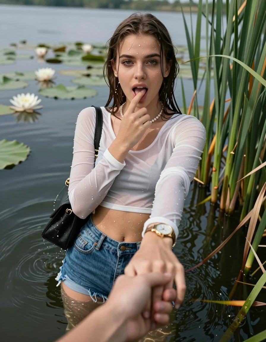 photo of young woman, in soaking wet, drenched clothes,
, sexy mini jeans short, tight sexy longsleeve crop top with wide neckline belly free, handbag, pearl necklace, bracelet, wristwatch, Emerging after diving in a lake with water lilies and reeds, 
enjoying, wet clothes stuck to body,
detailed textures of the wet clothes, wet face, wet plastered hair,
wet, drenched, professional, high-quality details, full body view.
sharp focus, ultra-high pixel detail, realistic, high-quality, full colors, incredibly detailed, 4k, 8k, 16k, hyper-realistic, RAW photo, masterpiece, ultra-detailed, professionally color graded, professional photograph, Sleek long straight hair

15 years old  teenage girl

open mouth, big eyes. 0ne hand with a finger at her tongue  inside her mouth, hold with the other the viewer's hand, pulling them toward the center of the water. Laying her breast and arms on the surface.  Whole body and shoulders are submerged under the surface. Looking up at camera.

she is completely underwater up to her neck,  horny and sexuell aroused expression.

She hides in the reeds.

her submerged clothes are hardly vusible under water, she soaked her handbag into the water

close up view, wet skin, wet clothes, wet hair, damp fabric, water runs down the clothes, wet skin, wet clothes, damp fabric, wet skin, wet clothes, damp fabric, wet skin, wet clothes, damp fabric, wet skin, wet clothes, damp fabric, wet skin, wet clothes, damp fabric, wet skin, wet clothes, damp fabric, wet skin, wet clothes, damp fabric, wet skin, wet clothes, damp fabric, wet skin, wet clothes, damp fabric, wet skin, wet clothes, damp fabric, wet skin, wet clothes, damp fabric, wet skin, wet clothes, damp fabric, wet skin, wet clothes, damp fabric, wet skin, wet clothes, damp fabric, wet skin, wet clothes, damp fabric, wet skin, wet clothes, damp fabric, wet skin, wet clothes, damp fabric, wet skin, wet clothes, damp fabric, wet skin, wet clothes, damp fabric, wet skin, wet clothes, damp fabric, wet skin, wet clothes, damp fabric, wet skin, wet clothes, damp fabric