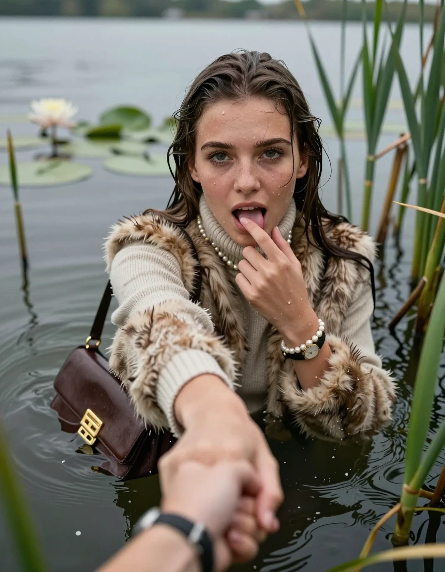 photo of young woman, in soaking wet, drenched clothes,
, ,  fur coat,  knit turtleneck sweater, handbag, pearl necklace, bracelet, wristwatch, Emerging after diving in a lake with water lilies and reeds, 
enjoying, wet clothes stuck to body,
detailed textures of the wet clothes, wet face, wet plastered hair,
wet, drenched, professional, high-quality details, full body view.
sharp focus, ultra-high pixel detail, realistic, high-quality, full colors, incredibly detailed, 4k, 8k, 16k, hyper-realistic, RAW photo, masterpiece, ultra-detailed, professionally color graded, professional photograph, Sleek long straight hair

15 years old  teenage girl

open mouth, big eyes. 0ne hand with a finger at her tongue  inside her mouth, hold with the other the viewer's hand, pulling them toward the center of the water. Laying her breast and arms on the surface.  Whole body and shoulders are submerged under the surface. Looking up at camera.

she is completely underwater up to her neck,  horny and sexuell aroused expression.

She hides in the reeds.

her submerged clothes are hardly vusible under water, she soaked her handbag into the water

close up view, wet skin, wet clothes, wet hair, damp fabric, water runs down the clothes, wet skin, wet clothes, damp fabric, wet skin, wet clothes, damp fabric, wet skin, wet clothes, damp fabric, wet skin, wet clothes, damp fabric, wet skin, wet clothes, damp fabric, wet skin, wet clothes, damp fabric, wet skin, wet clothes, damp fabric, wet skin, wet clothes, damp fabric, wet skin, wet clothes, damp fabric, wet skin, wet clothes, damp fabric, wet skin, wet clothes, damp fabric, wet skin, wet clothes, damp fabric, wet skin, wet clothes, damp fabric, wet skin, wet clothes, damp fabric, wet skin, wet clothes, damp fabric, wet skin, wet clothes, damp fabric, wet skin, wet clothes, damp fabric, wet skin, wet clothes, damp fabric, wet skin, wet clothes, damp fabric