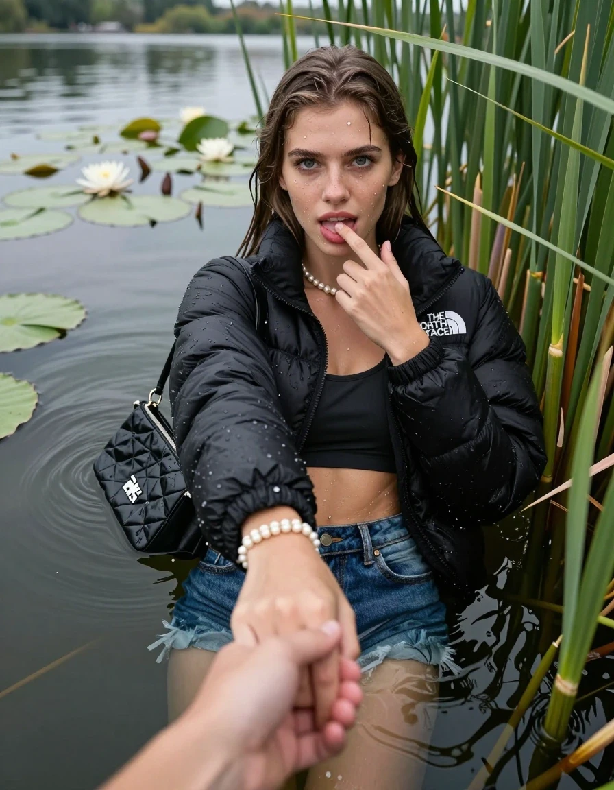 photo of young woman, in soaking wet, drenched clothes,
, sexy mini jeans short, black puffer down jacket from north face, tight sexy longsleeve crop top with wide neckline belly free, handbag, pearl necklace, bracelet, wristwatch, Emerging after diving in a lake with water lilies and reeds, 
enjoying, wet clothes stuck to body,
detailed textures of the wet clothes, wet face, wet plastered hair,
wet, drenched, professional, high-quality details, full body view.
sharp focus, ultra-high pixel detail, realistic, high-quality, full colors, incredibly detailed, 4k, 8k, 16k, hyper-realistic, RAW photo, masterpiece, ultra-detailed, professionally color graded, professional photograph, Sleek long straight hair

15 years old  teenage girl

open mouth, big eyes. 0ne hand with a finger at her tongue  inside her mouth, hold with the other the viewer's hand, pulling them toward the center of the water. Laying her breast and arms on the surface.  Whole body and shoulders are submerged under the surface. Looking up at camera. horny eyes.

she is completely underwater up to her neck,  horny and sexuell aroused expression.

She hides in the reeds.

her submerged clothes are hardly vusible under water, she soaked her handbag into the water

close up view, wet skin, wet clothes, wet hair, damp fabric, water runs down the clothes, wet skin, wet clothes, damp fabric, wet skin, wet clothes, damp fabric, wet skin, wet clothes, damp fabric, wet skin, wet clothes, damp fabric, wet skin, wet clothes, damp fabric, wet skin, wet clothes, damp fabric, wet skin, wet clothes, damp fabric, wet skin, wet clothes, damp fabric, wet skin, wet clothes, damp fabric, wet skin, wet clothes, damp fabric, wet skin, wet clothes, damp fabric, wet skin, wet clothes, damp fabric, wet skin, wet clothes, damp fabric, wet skin, wet clothes, damp fabric, wet skin, wet clothes, damp fabric, wet skin, wet clothes, damp fabric, wet skin, wet clothes, damp fabric, wet skin, wet clothes, damp fabric, wet skin, wet clothes, damp fabric, wet skin, wet clothes, damp fabric, wet skin, wet clothes, damp fabric, wet skin, wet clothes, damp fabric, wet skin, wet clothes, damp fabric