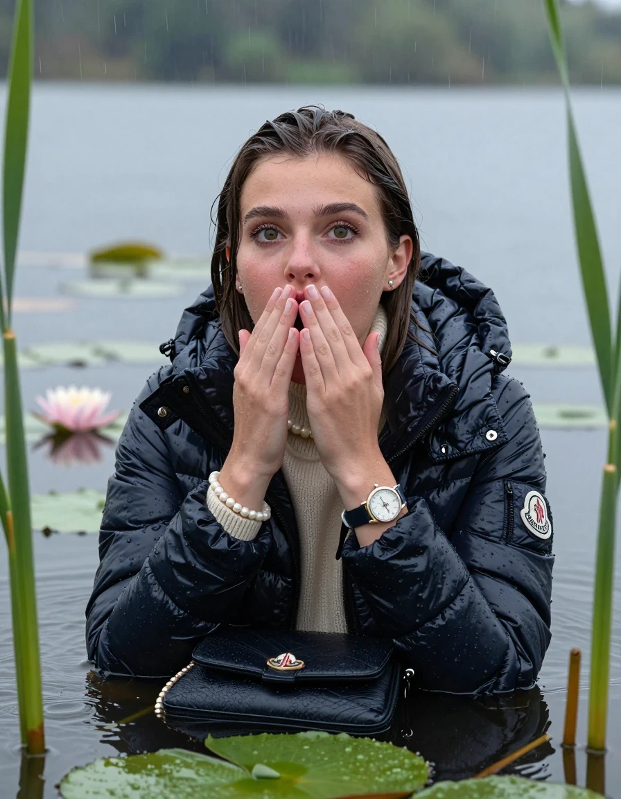 photo of young woman, in soaking wet, drenched clothes,
, , Moncler shiny Puffer down jacket,  knit turtleneck sweater, handbag, pearl necklace, bracelet, wristwatch , Emerging after diving in a lake with water lilies and reeds, rain , 
enjoying, wet clothes stuck to body,
detailed textures of the wet clothes, wet face, wet plastered hair,
wet, drenched, professional, high-quality details, full body view.
sharp focus, ultra-high pixel detail, realistic, high-quality, full colors, incredibly detailed, 4k, 8k, 16k, hyper-realistic, RAW photo, masterpiece, ultra-detailed, professionally color graded, professional photograph, Sleek long straight hair 

19 years old  teenage girl

open mouth, big eyes, hold one hand over her mouth, the other hand between her bouche .  Laying her breast on the surface.  Looking up at camera.

she is completely underwater up to her neck, horny  and sexuell aroused expression. Has an orgasm.

She hides in the reeds and is surprised by spectators

her submerged clothes are hardly vusible under water, she soaked her handbag into the water

close up view, wet skin, wet clothes, wet hair, damp fabric, water runs down the clothes, wet skin, wet clothes, damp fabric, wet skin, wet clothes, damp fabric, wet skin, wet clothes, damp fabric, wet skin, wet clothes, damp fabric, wet skin, wet clothes, damp fabric, wet skin, wet clothes, damp fabric, wet skin, wet clothes, damp fabric, wet skin, wet clothes, damp fabric, wet skin, wet clothes, damp fabric, wet skin, wet clothes, damp fabric, wet skin, wet clothes, damp fabric, wet skin, wet clothes, damp fabric, wet skin, wet clothes, damp fabric, wet skin, wet clothes, damp fabric, wet skin, wet clothes, damp fabric, wet skin, wet clothes, damp fabric, wet skin, wet clothes, damp fabric