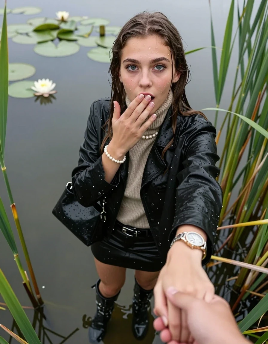 photo of young woman, in soaking wet, drenched clothes,
boots, mini skirt, stockings,  black leather blouson,  knit turtleneck sweater, handbag, pearl necklace, bracelet, wristwatch, Emerging after diving in a lake with water lilies and reeds, 
enjoying, wet clothes stuck to body,
detailed textures of the wet clothes, wet face, wet plastered hair,
wet, drenched, professional, high-quality details, full body view.
sharp focus, ultra-high pixel detail, realistic, high-quality, full colors, incredibly detailed, 4k, 8k, 16k, hyper-realistic, RAW photo, masterpiece, ultra-detailed, professionally color graded, professional photograph, Sleek long straight hair

15 years old  teenage girl

open mouth, big eyes. 0ne hand over her mouth, hold with the other the viewer's hand, pulling them toward the center of the water. Laying her breast and arms on the surface.  Whole body and shoulders are submerged under the surface. Looking up at camera.

she is completely underwater up to her neck,  horny and sexuell aroused expression.

She hides in the reeds.

her submerged clothes are hardly vusible under water, she soaked her handbag into the water

close up view, wet skin, wet clothes, wet hair, damp fabric, water runs down the clothes, wet skin, wet clothes, damp fabric, wet skin, wet clothes, damp fabric, wet skin, wet clothes, damp fabric, wet skin, wet clothes, damp fabric, wet skin, wet clothes, damp fabric, wet skin, wet clothes, damp fabric, wet skin, wet clothes, damp fabric, wet skin, wet clothes, damp fabric, wet skin, wet clothes, damp fabric, wet skin, wet clothes, damp fabric, wet skin, wet clothes, damp fabric, wet skin, wet clothes, damp fabric, wet skin, wet clothes, damp fabric, wet skin, wet clothes, damp fabric, wet skin, wet clothes, damp fabric, wet skin, wet clothes, damp fabric, wet skin, wet clothes, damp fabric, wet skin, wet clothes, damp fabric, wet skin, wet clothes, damp fabric