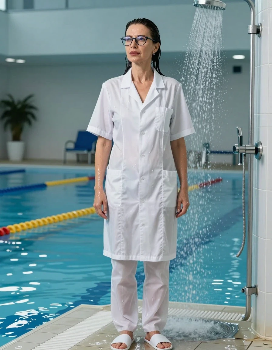 photo of young woman, in soaking wet, drenched clothes,
slippers, long white labtrousers, maxi white labcoat with short sleeves, TAKING SHOWER, indoor swimming pool, enjoying wet clothes stuck body, 
enjoying, wet clothes stuck to body,
detailed textures of the wet clothes, wet face, wet plastered hair,
wet, drenched, professional, high-quality details, full body view.
sharp focus, ultra-high pixel detail, realistic, high-quality, full colors, incredibly detailed, 4k, 8k, 16k, hyper-realistic, RAW photo, masterpiece, ultra-detailed, professionally color graded, professional photograph, europen brunette skinny woman 50 years old, long dark black hair, very big and thick lips,  office glasses, complete body, wet skin, wet clothes, damp fabric, wet skin, wet clothes, damp fabric, wet skin, wet clothes, damp fabric, wet skin, wet clothes, damp fabric, wet skin, wet clothes, damp fabric
