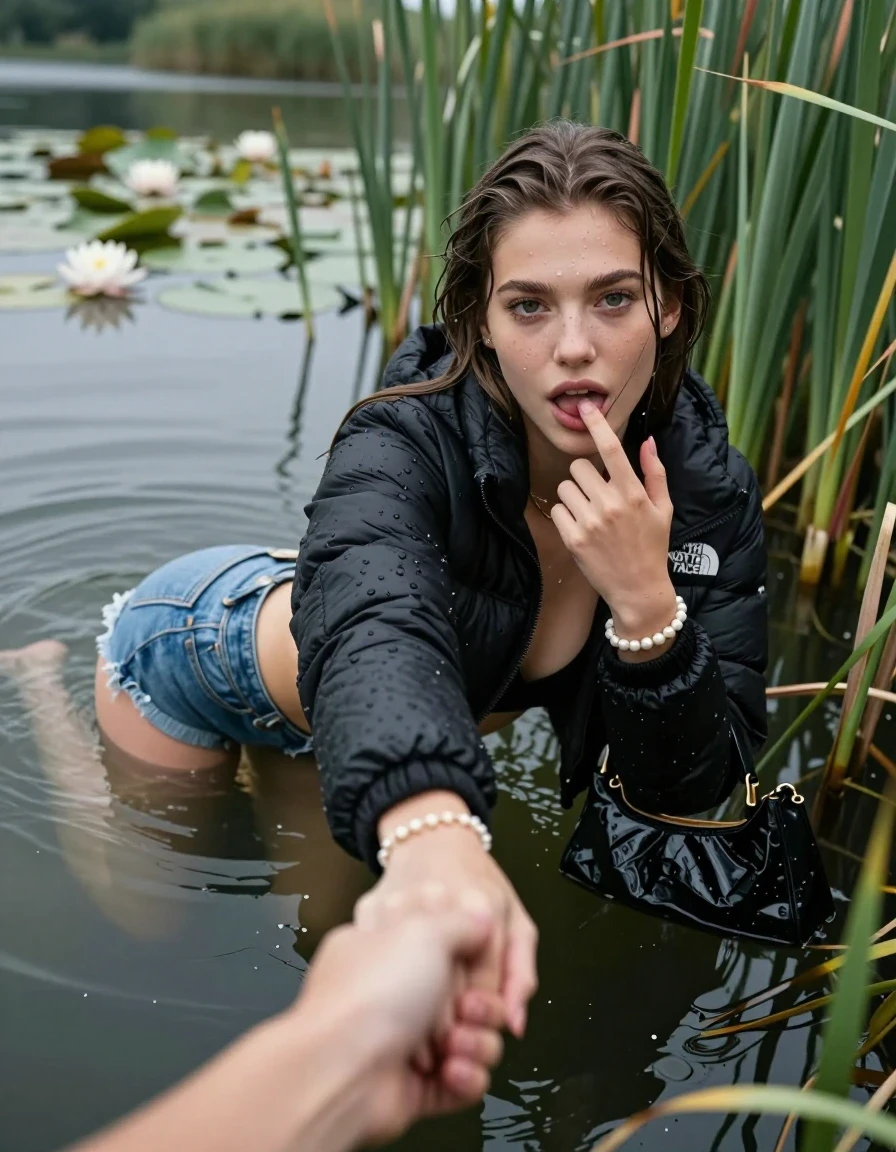 photo of young woman, in soaking wet, drenched clothes,
, sexy mini jeans short, black puffer down jacket from north face, tight sexy longsleeve crop top with wide neckline belly free, handbag, pearl necklace, bracelet, wristwatch, Emerging after diving in a lake with water lilies and reeds, 
enjoying, wet clothes stuck to body,
detailed textures of the wet clothes, wet face, wet plastered hair,
wet, drenched, professional, high-quality details, full body view.
sharp focus, ultra-high pixel detail, realistic, high-quality, full colors, incredibly detailed, 4k, 8k, 16k, hyper-realistic, RAW photo, masterpiece, ultra-detailed, professionally color graded, professional photograph, Sleek long straight hair

15 years old  teenage girl

open mouth, big eyes. 0ne hand with a finger at her tongue  inside her mouth, hold with the other the female viewer's hand, pulling them toward the center of the water. Laying her breast and arms on the surface.  Whole body and shoulders are submerged under the surface. Looking up at camera. horny eyes.

she is completely underwater up to her neck,  horny and sexuell aroused expression.

She hides in the reeds.

her submerged clothes are hardly vusible under water, she soaked her handbag into the water

close up view, wet skin, wet clothes, wet hair, damp fabric, water runs down the clothes, wet skin, wet clothes, damp fabric, wet skin, wet clothes, damp fabric, wet skin, wet clothes, damp fabric, wet skin, wet clothes, damp fabric, wet skin, wet clothes, damp fabric, wet skin, wet clothes, damp fabric, wet skin, wet clothes, damp fabric, wet skin, wet clothes, damp fabric, wet skin, wet clothes, damp fabric, wet skin, wet clothes, damp fabric, wet skin, wet clothes, damp fabric, wet skin, wet clothes, damp fabric, wet skin, wet clothes, damp fabric, wet skin, wet clothes, damp fabric, wet skin, wet clothes, damp fabric, wet skin, wet clothes, damp fabric, wet skin, wet clothes, damp fabric, wet skin, wet clothes, damp fabric, wet skin, wet clothes, damp fabric, wet skin, wet clothes, damp fabric, wet skin, wet clothes, damp fabric, wet skin, wet clothes, damp fabric, wet skin, wet clothes, damp fabric