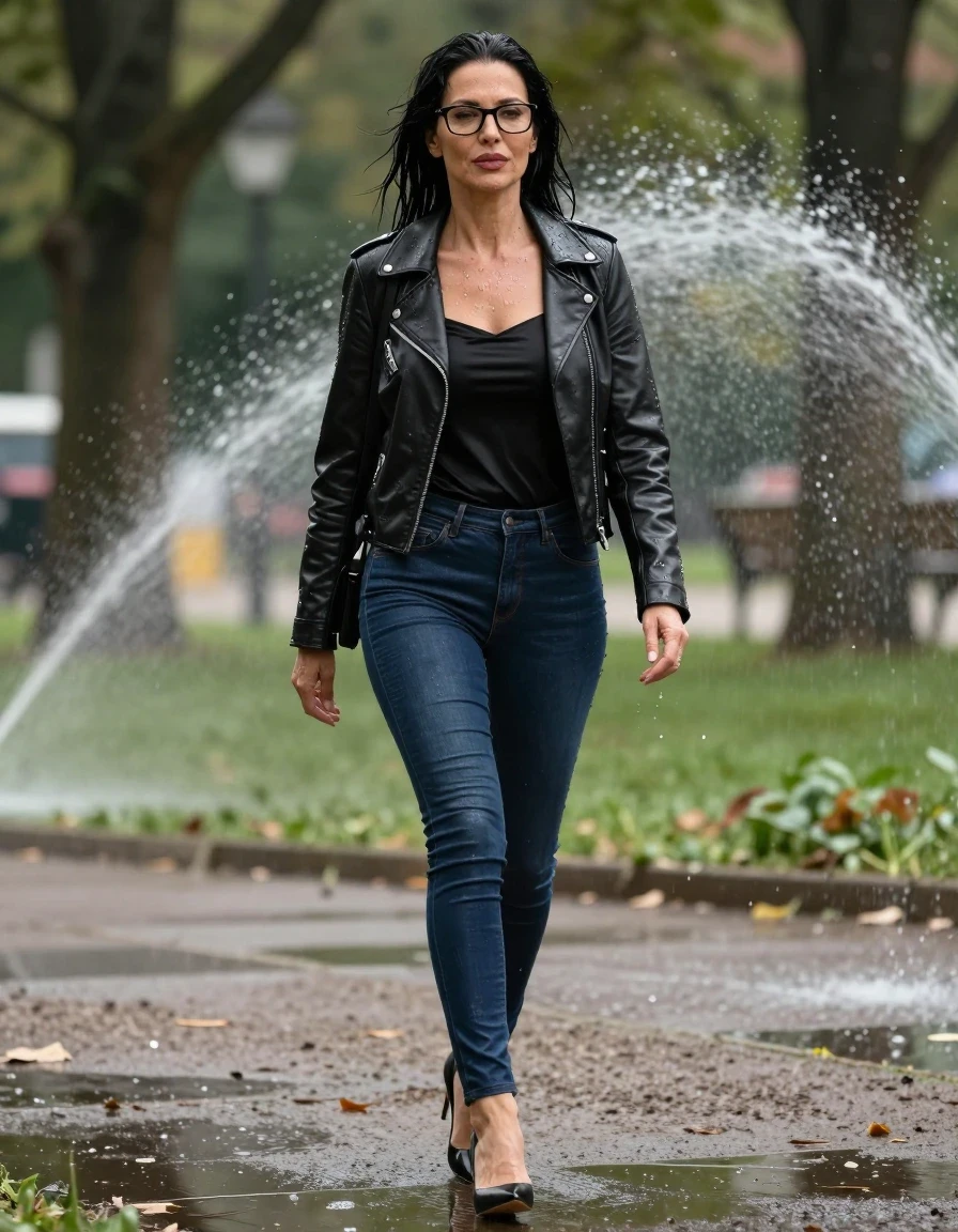 photo of young woman, in soaking wet, drenched clothes,
high-heeled shoes, long dark blue tight leather jeans, black satin top, black leather byker jacket, walking in sunny park under sprinklers, 
enjoying, wet clothes stuck to body,
detailed textures of the wet clothes, wet face, wet plastered hair,
wet, drenched, professional, high-quality details, full body view.
sharp focus, ultra-high pixel detail, realistic, high-quality, full colors, incredibly detailed, 4k, 8k, 16k, hyper-realistic, RAW photo, masterpiece, ultra-detailed, professionally color graded, professional photograph, europen brunette skinny woman 50 years old, long dark black hair, very big and thick lips,  office glasses, complete body, wet skin, wet clothes, damp fabric, wet skin, wet clothes, damp fabric, wet skin, wet clothes, damp fabric, wet skin, wet clothes, damp fabric, wet skin, wet clothes, damp fabric