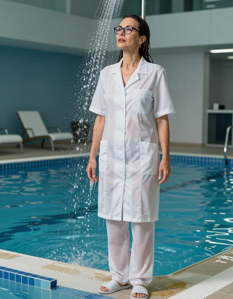 photo of young woman, in soaking wet, drenched clothes,
slippers, long white labtrousers, maxi white labcoat with short sleeves, TAKING SHOWER, indoor swimming pool, enjoying wet clothes stuck body, 
enjoying, wet clothes stuck to body,
detailed textures of the wet clothes, wet face, wet plastered hair,
wet, drenched, professional, high-quality details, full body view.
sharp focus, ultra-high pixel detail, realistic, high-quality, full colors, incredibly detailed, 4k, 8k, 16k, hyper-realistic, RAW photo, masterpiece, ultra-detailed, professionally color graded, professional photograph, europen brunette skinny woman 50 years old, long dark black hair, very big and thick lips,  office glasses, complete body, wet skin, wet clothes, damp fabric, wet skin, wet clothes, damp fabric, wet skin, wet clothes, damp fabric, wet skin, wet clothes, damp fabric, wet skin, wet clothes, damp fabric