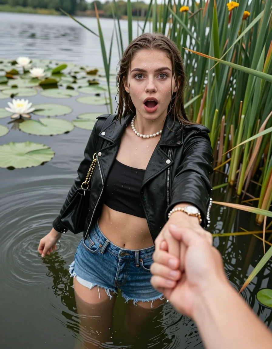 photo of young woman, in soaking wet, drenched clothes,
, sexy mini jeans short, black biker leatherjacket, tight sexy longsleeve crop top with wide neckline belly free, handbag, pearl necklace, bracelet, wristwatch, Emerging after diving in a lake with water lilies and reeds, 
enjoying, wet clothes stuck to body,
detailed textures of the wet clothes, wet face, wet plastered hair,
wet, drenched, professional, high-quality details, full body view.
sharp focus, ultra-high pixel detail, realistic, high-quality, full colors, incredibly detailed, 4k, 8k, 16k, hyper-realistic, RAW photo, masterpiece, ultra-detailed, professionally color graded, professional photograph, Sleek long straight hair

15 years old  teenage girl

open mouth, big eyes. 0ne hand over her mouth, hold with the other the female viewer's hand, pulling them toward the center of the water. Laying her breast and arms on the surface.  Whole body and shoulders are submerged under the surface. Looking up at camera. open mouth , big eyes

she is completely underwater up to her neck, afraid and astonished expression.

She hides in the reeds.

her submerged clothes are hardly vusible under water, she soaked her handbag into the water

close up view, wet skin, wet clothes, wet hair, damp fabric, water runs down the clothes, wet skin, wet clothes, damp fabric, wet skin, wet clothes, damp fabric, wet skin, wet clothes, damp fabric, wet skin, wet clothes, damp fabric, wet skin, wet clothes, damp fabric, wet skin, wet clothes, damp fabric, wet skin, wet clothes, damp fabric, wet skin, wet clothes, damp fabric, wet skin, wet clothes, damp fabric, wet skin, wet clothes, damp fabric, wet skin, wet clothes, damp fabric, wet skin, wet clothes, damp fabric, wet skin, wet clothes, damp fabric, wet skin, wet clothes, damp fabric, wet skin, wet clothes, damp fabric, wet skin, wet clothes, damp fabric, wet skin, wet clothes, damp fabric, wet skin, wet clothes, damp fabric, wet skin, wet clothes, damp fabric, wet skin, wet clothes, damp fabric, wet skin, wet clothes, damp fabric, wet skin, wet clothes, damp fabric