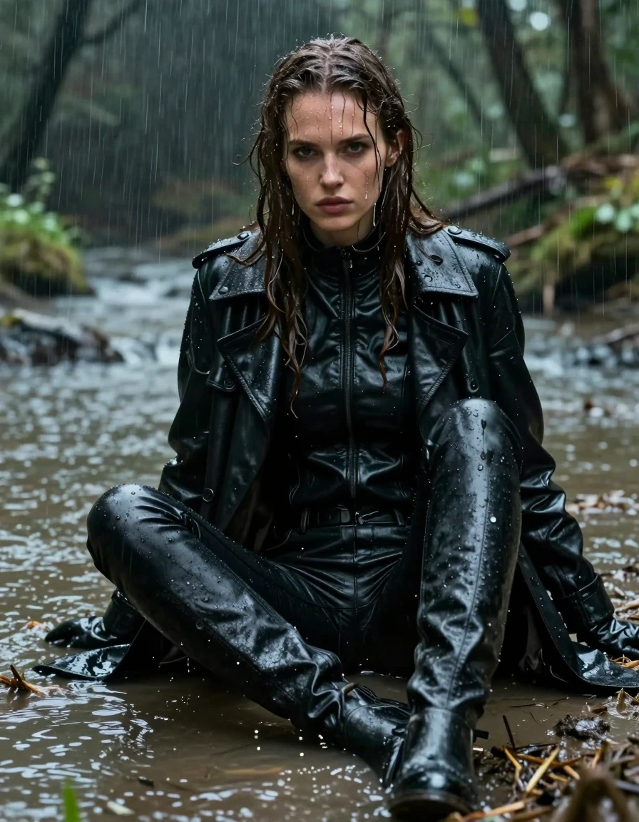A photorealistic medium shot of a young adult European woman with long, dripping wet brown hair, sitting in a shallow forest river during a heavy downpour. She is wearing a black leather polar neck shirt, a black leather trench coat, black leather gloves, and black leather knee-high boots. Her black leather jeans are visibly soaked, clinging to her skin with heavy wet folds and a strong, glossy, high-sheen specular reflection from the water. Her skin is drenched and glistening with water, and her clothing is heavily saturated, darkened by the water, and clinging to her frame. She is covered in streaks of mud from the surrounding muddy field, with water running down her face and hair. The setting is a dense, moody forest with a river, heavy rain, and a dark, atmospheric environment. High-detail photographic quality, cinematic lighting, sharp focus on textures, water droplets, and wet fabric, modest and fully clothed, no nudity.