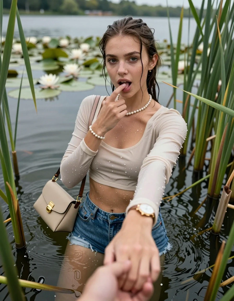 photo of young woman, in soaking wet, drenched clothes,
, sexy mini jeans short, Peacoat, tight sexy longsleeve crop top with wide neckline belly free, handbag, pearl necklace, bracelet, wristwatch, Emerging after diving in a lake with water lilies and reeds, 
enjoying, wet clothes stuck to body,
detailed textures of the wet clothes, wet face, wet plastered hair,
wet, drenched, professional, high-quality details, full body view.
sharp focus, ultra-high pixel detail, realistic, high-quality, full colors, incredibly detailed, 4k, 8k, 16k, hyper-realistic, RAW photo, masterpiece, ultra-detailed, professionally color graded, professional photograph, Sleek long ponytail with bangs

15 years old  teenage girl

open mouth, big eyes. 0ne hand with a finger at her tongue  inside her mouth, hold with the other the viewer's hand, pulling them toward the center of the water. Laying her breast and arms on the surface.  Whole body and shoulders are submerged under the surface. Looking up at camera.

she is completely underwater up to her neck,  horny and sexuell aroused expression.

She hides in the reeds.

her submerged clothes are hardly vusible under water, she soaked her handbag into the water

close up view, wet skin, wet clothes, wet hair, damp fabric, water runs down the clothes, wet skin, wet clothes, damp fabric, wet skin, wet clothes, damp fabric, wet skin, wet clothes, damp fabric, wet skin, wet clothes, damp fabric, wet skin, wet clothes, damp fabric, wet skin, wet clothes, damp fabric, wet skin, wet clothes, damp fabric, wet skin, wet clothes, damp fabric, wet skin, wet clothes, damp fabric, wet skin, wet clothes, damp fabric, wet skin, wet clothes, damp fabric, wet skin, wet clothes, damp fabric, wet skin, wet clothes, damp fabric, wet skin, wet clothes, damp fabric, wet skin, wet clothes, damp fabric, wet skin, wet clothes, damp fabric, wet skin, wet clothes, damp fabric, wet skin, wet clothes, damp fabric, wet skin, wet clothes, damp fabric, wet skin, wet clothes, damp fabric, wet skin, wet clothes, damp fabric, wet skin, wet clothes, damp fabric