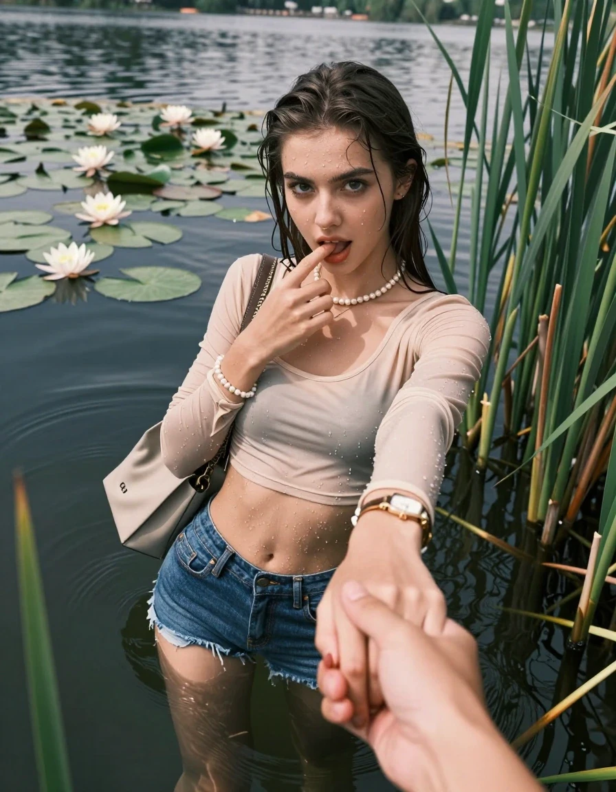 photo of young woman, in soaking wet, drenched clothes,
, sexy mini jeans short, tight sexy longsleeve crop top with wide neckline belly free, handbag, pearl necklace, bracelet, wristwatch, Emerging after diving in a lake with water lilies and reeds, 
enjoying, wet clothes stuck to body,
detailed textures of the wet clothes, wet face, wet plastered hair,
wet, drenched, professional, high-quality details, full body view.
sharp focus, ultra-high pixel detail, realistic, high-quality, full colors, incredibly detailed, 4k, 8k, 16k, hyper-realistic, RAW photo, masterpiece, ultra-detailed, professionally color graded, professional photograph, Sleek long straight hair

15 years old  teenage girl

open mouth, big eyes. 0ne hand with a finger at her tongue  inside her mouth, hold with the other the viewer's hand, pulling them toward the center of the water. Laying her breast and arms on the surface.  Whole body and shoulders are submerged under the surface. Looking up at camera.

she is completely underwater up to her neck,  horny and sexuell aroused expression.

She hides in the reeds.

her submerged clothes are hardly vusible under water, she soaked her handbag into the water

close up view, wet skin, wet clothes, wet hair, damp fabric, water runs down the clothes, wet skin, wet clothes, damp fabric, wet skin, wet clothes, damp fabric, wet skin, wet clothes, damp fabric, wet skin, wet clothes, damp fabric, wet skin, wet clothes, damp fabric, wet skin, wet clothes, damp fabric, wet skin, wet clothes, damp fabric, wet skin, wet clothes, damp fabric, wet skin, wet clothes, damp fabric, wet skin, wet clothes, damp fabric, wet skin, wet clothes, damp fabric, wet skin, wet clothes, damp fabric, wet skin, wet clothes, damp fabric, wet skin, wet clothes, damp fabric, wet skin, wet clothes, damp fabric, wet skin, wet clothes, damp fabric, wet skin, wet clothes, damp fabric, wet skin, wet clothes, damp fabric, wet skin, wet clothes, damp fabric, wet skin, wet clothes, damp fabric