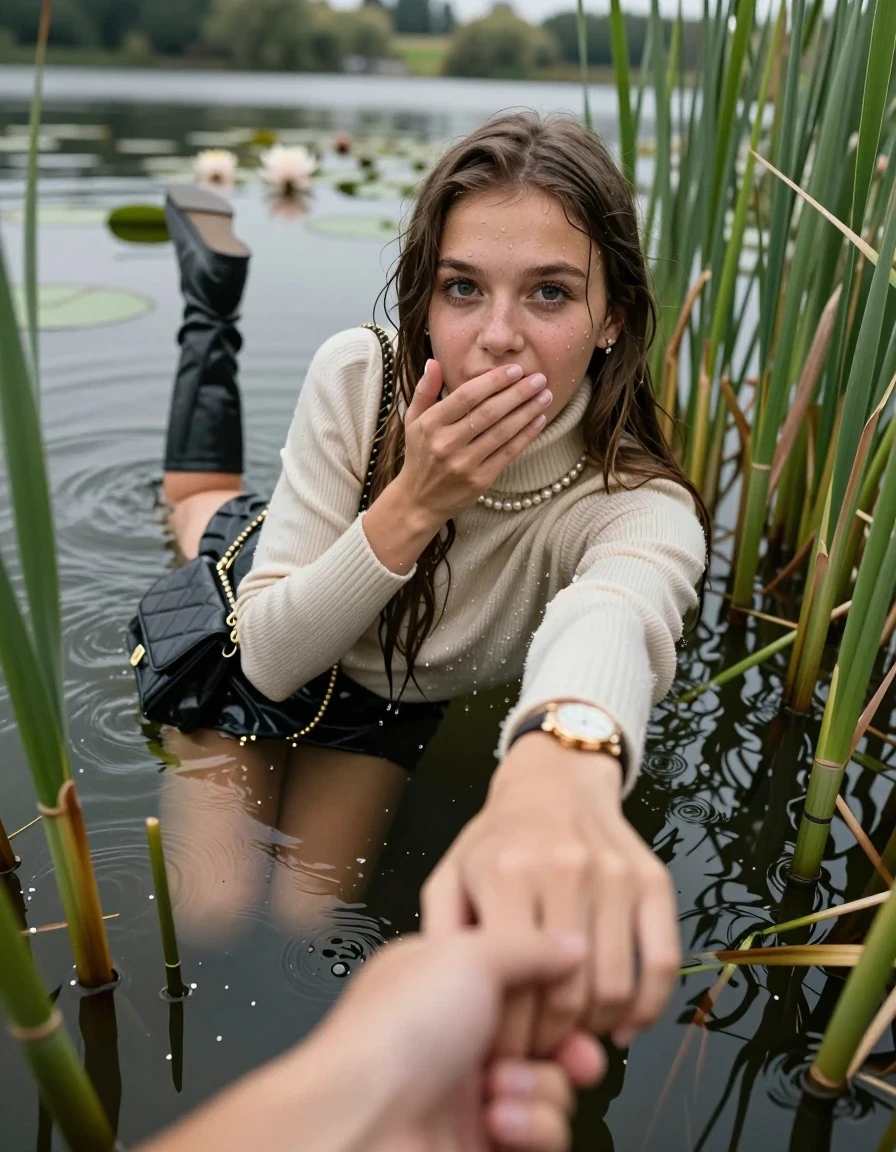 photo of young woman, in soaking wet, drenched clothes,
boots, mini skirt, stockings, knit turtleneck sweater, handbag, pearl necklace, bracelet, wristwatch, Emerging after diving in a lake with water lilies and reeds, 
enjoying, wet clothes stuck to body,
detailed textures of the wet clothes, wet face, wet plastered hair,
wet, drenched, professional, high-quality details, full body view.
sharp focus, ultra-high pixel detail, realistic, high-quality, full colors, incredibly detailed, 4k, 8k, 16k, hyper-realistic, RAW photo, masterpiece, ultra-detailed, professionally color graded, professional photograph, Sleek long straight hair

15 years old  teenage girl

open mouth, big eyes. 0ne hand over her mouth, hold with the other the viewer's hand, pulling them toward the center of the water. Laying her breast and arms on the surface.  Whole body and shoulders are submerged under the surface. Looking up at camera.

she is completely underwater up to her neck,  horny and sexuell aroused expression.

She hides in the reeds.

her submerged clothes are hardly vusible under water, she soaked her handbag into the water

close up view, wet skin, wet clothes, wet hair, damp fabric, water runs down the clothes, wet skin, wet clothes, damp fabric, wet skin, wet clothes, damp fabric, wet skin, wet clothes, damp fabric, wet skin, wet clothes, damp fabric, wet skin, wet clothes, damp fabric, wet skin, wet clothes, damp fabric, wet skin, wet clothes, damp fabric, wet skin, wet clothes, damp fabric, wet skin, wet clothes, damp fabric, wet skin, wet clothes, damp fabric, wet skin, wet clothes, damp fabric, wet skin, wet clothes, damp fabric, wet skin, wet clothes, damp fabric, wet skin, wet clothes, damp fabric, wet skin, wet clothes, damp fabric, wet skin, wet clothes, damp fabric, wet skin, wet clothes, damp fabric, wet skin, wet clothes, damp fabric, wet skin, wet clothes, damp fabric
