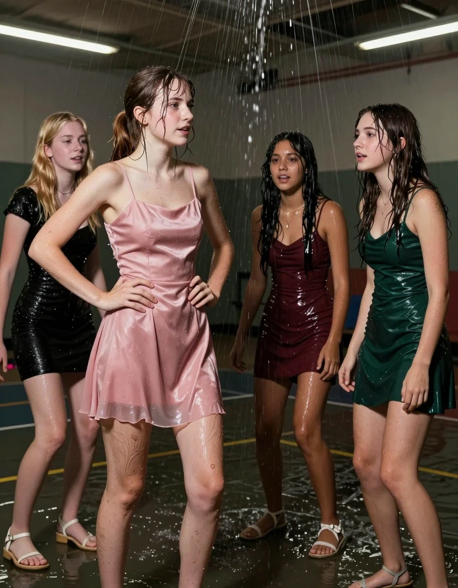 photo of young woman, in soaking wet, drenched clothes,
, , dress, 4 college girls playing in their homecoming dresses in a dark flooded and abandoned gym with all its lights when it started pouring water from the ceiling on them, they are all dirty and covered in muck, 
enjoying, wet clothes stuck to body,
detailed textures of the wet clothes, wet face, wet plastered hair,
wet, drenched, professional, high-quality details, full body view.
sharp focus, ultra-high pixel detail, realistic, high-quality, full colors, incredibly detailed, 4k, 8k, 16k, hyper-realistic, RAW photo, masterpiece, ultra-detailed, professionally color graded, professional photograph, college girls both having fun together. All a similar age, a nineteen year old girl, with a flat and slim body, skinny body, flat and skinny chest, a She has a wide square young face but a small very skinny waist and skinny legs, a very small chest and very small breasts, she is a pale brunette with ponytail and bangs, She has a small body, She is full of youthful energy. wearing a pink formal satin cocktail dress with a straight neckline and loose dress straps, her right dress strap has fallen off her shoulder and down her arm, she has her hands on her hips,. Her friend has blonde hair and is quite skinny, ,a wide square face, she is wearing a fit black short sleeve coctail dress. The third girl is 19, with a tan complexion and dark black hair, she is wearing a maroon mini dress, The 4th girl is brunette with a small body and thin legs, she is wearing a green prom dress, all of them except the blonde girl have very small breasts. wet skin, wet clothes, damp fabric,, wet skin, wet clothes, damp fabric, wet skin, wet clothes, damp fabric, wet skin, wet clothes, damp fabric, wet skin, wet clothes, damp fabric, wet skin, wet clothes, damp fabric, wet skin, wet clothes, damp fabric, wet skin, wet clothes, damp fabric