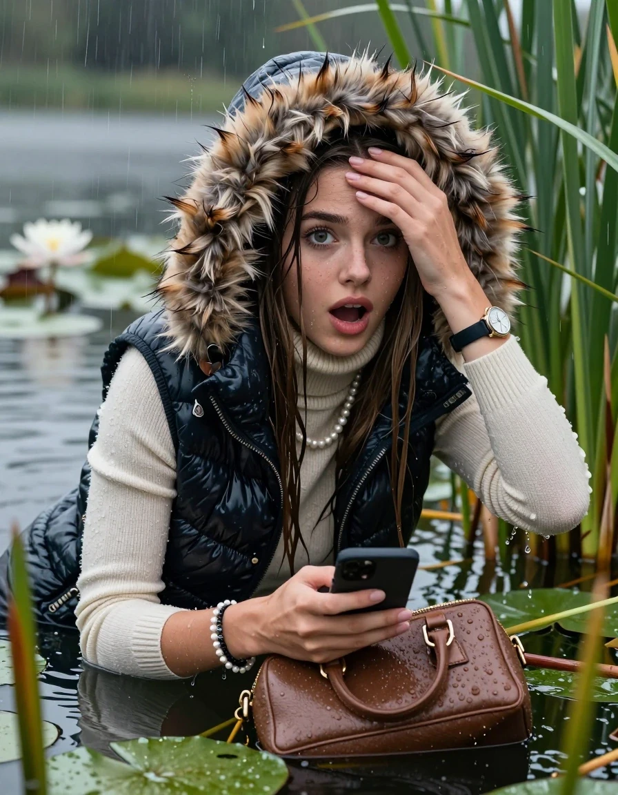 photo of young woman, in soaking wet, drenched clothes,
, , Moncler gilet with big fur hood,  knit turtleneck sweater, handbag, pearl necklace, bracelet, wristwatch , Emerging after diving in a lake with water lilies and reeds, rain , 
enjoying, wet clothes stuck to body,
detailed textures of the wet clothes, wet face, wet plastered hair,
wet, drenched, professional, high-quality details, full body view.
sharp focus, ultra-high pixel detail, realistic, high-quality, full colors, incredibly detailed, 4k, 8k, 16k, hyper-realistic, RAW photo, masterpiece, ultra-detailed, professionally color graded, professional photograph, Sleek long straight hair 

19 years old  teenage girl

open mouth, big eyes, one hand on her forehead and in the other hand her smartphone. Laying her breast on the surface.  Looking at camera.

she is completely underwater up to her neck, afraid and astonished expression.

She hides in the reeds and is surprised by spectators

her submerged clothes are hardly vusible under water, she soaked her handbag into the water

close up view, wet skin, wet clothes, wet hair, damp fabric, water runs down the clothes, wet skin, wet clothes, damp fabric, wet skin, wet clothes, damp fabric, wet skin, wet clothes, damp fabric, wet skin, wet clothes, damp fabric, wet skin, wet clothes, damp fabric, wet skin, wet clothes, damp fabric, wet skin, wet clothes, damp fabric, wet skin, wet clothes, damp fabric, wet skin, wet clothes, damp fabric, wet skin, wet clothes, damp fabric, wet skin, wet clothes, damp fabric, wet skin, wet clothes, damp fabric, wet skin, wet clothes, damp fabric, wet skin, wet clothes, damp fabric, wet skin, wet clothes, damp fabric, wet skin, wet clothes, damp fabric, wet skin, wet clothes, damp fabric