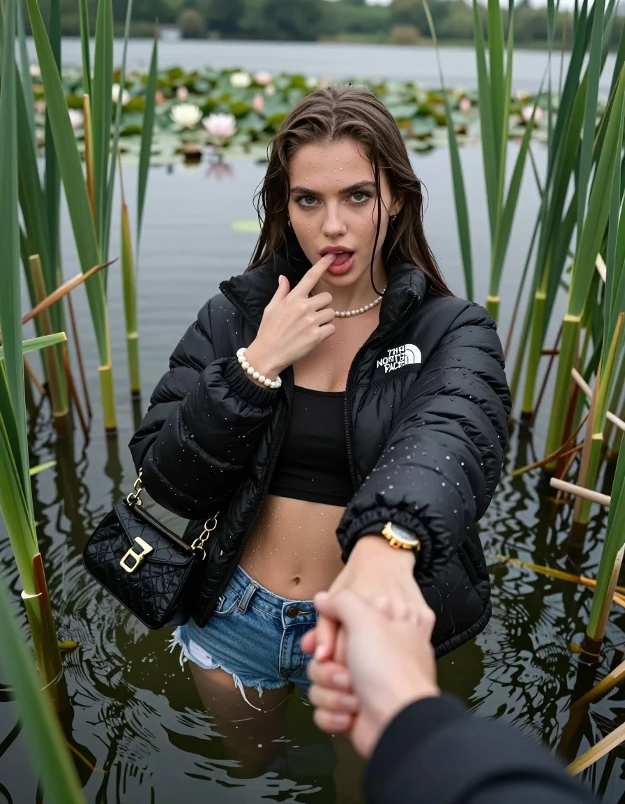 photo of young woman, in soaking wet, drenched clothes,
, sexy mini jeans short, black puffer down jacket from north face, tight sexy longsleeve crop top with wide neckline belly free, handbag, pearl necklace, bracelet, wristwatch, Emerging after diving in a lake with water lilies and reeds, 
enjoying, wet clothes stuck to body,
detailed textures of the wet clothes, wet face, wet plastered hair,
wet, drenched, professional, high-quality details, full body view.
sharp focus, ultra-high pixel detail, realistic, high-quality, full colors, incredibly detailed, 4k, 8k, 16k, hyper-realistic, RAW photo, masterpiece, ultra-detailed, professionally color graded, professional photograph, Sleek long straight hair

15 years old  teenage girl

open mouth, big eyes. 0ne hand with a finger at her tongue  inside her mouth, hold with the other the female viewer's hand, pulling them toward the center of the water. Laying her breast and arms on the surface.  Whole body and shoulders are submerged under the surface. Looking up at camera. horny eyes.

she is completely underwater up to her neck,  horny and sexuell aroused expression.

She hides in the reeds.

her submerged clothes are hardly vusible under water, she soaked her handbag into the water

close up view, wet skin, wet clothes, wet hair, damp fabric, water runs down the clothes, wet skin, wet clothes, damp fabric, wet skin, wet clothes, damp fabric, wet skin, wet clothes, damp fabric, wet skin, wet clothes, damp fabric, wet skin, wet clothes, damp fabric, wet skin, wet clothes, damp fabric, wet skin, wet clothes, damp fabric, wet skin, wet clothes, damp fabric, wet skin, wet clothes, damp fabric, wet skin, wet clothes, damp fabric, wet skin, wet clothes, damp fabric, wet skin, wet clothes, damp fabric, wet skin, wet clothes, damp fabric, wet skin, wet clothes, damp fabric, wet skin, wet clothes, damp fabric, wet skin, wet clothes, damp fabric, wet skin, wet clothes, damp fabric, wet skin, wet clothes, damp fabric, wet skin, wet clothes, damp fabric, wet skin, wet clothes, damp fabric, wet skin, wet clothes, damp fabric, wet skin, wet clothes, damp fabric, wet skin, wet clothes, damp fabric