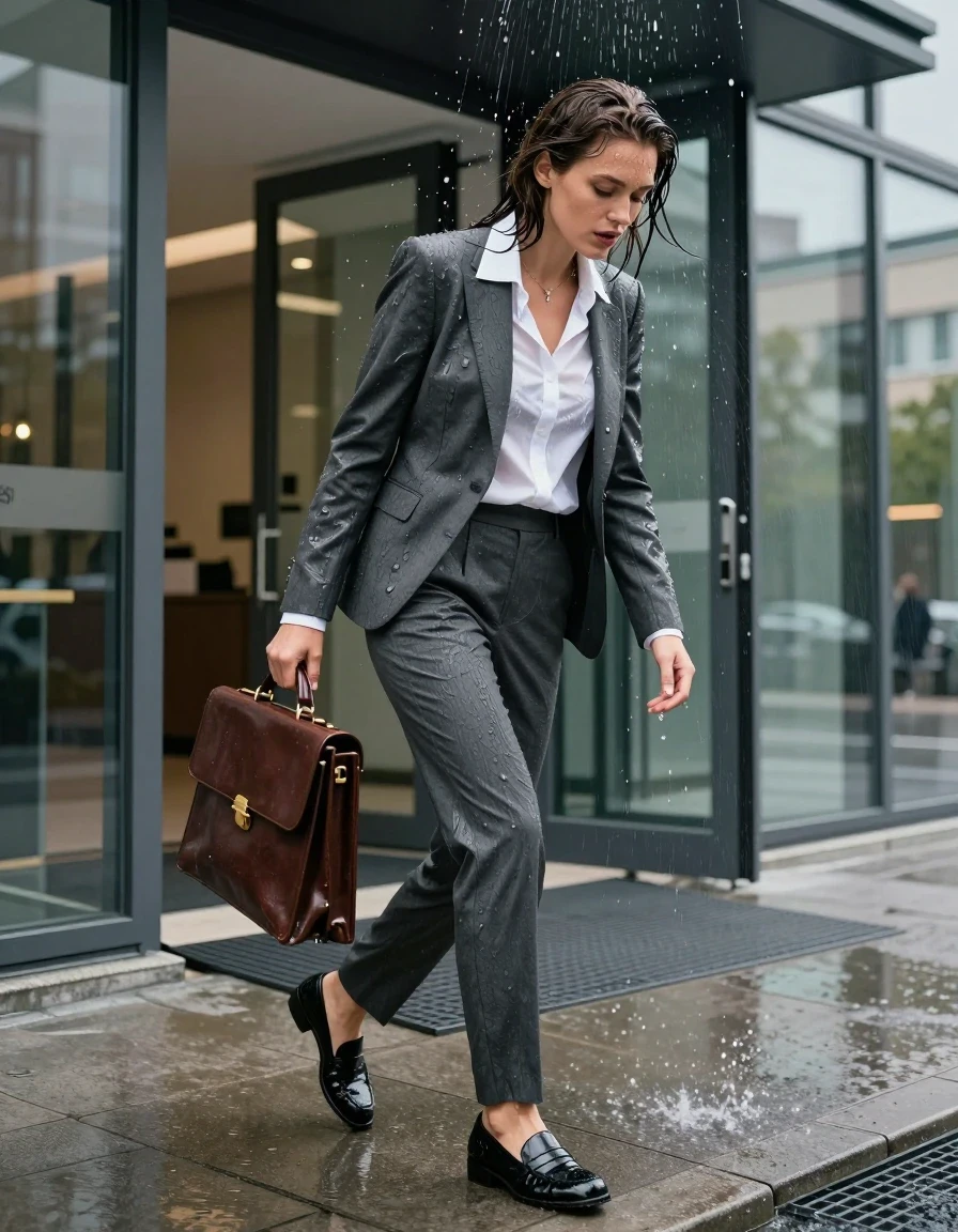 photo of young woman, in soaking wet, drenched clothes,
polished black leather loafers, tailored charcoal grey suit trousers, soaked and clinging, crisp white button-down shirt, completely drenched and translucent, modern glass office building entrance, urban sidewalk, 
enjoying, wet clothes stuck to body,
detailed textures of the wet clothes, wet face, wet plastered hair,
wet, drenched, professional, high-quality details, full body view.
sharp focus, ultra-high pixel detail, realistic, high-quality, full colors, incredibly detailed, 4k, 8k, 16k, hyper-realistic, RAW photo, masterpiece, ultra-detailed, professionally color graded, professional photograph, subject stumbling mid-stride while shielding a leather briefcase from a sudden rooftop drainpipe deluge, droplets splashing off shoulders, realistic street photography style, high-angle cinematic framing, 8k resolution, vibrant natural light, detailed fabric textures., wet skin, wet clothes, damp fabric