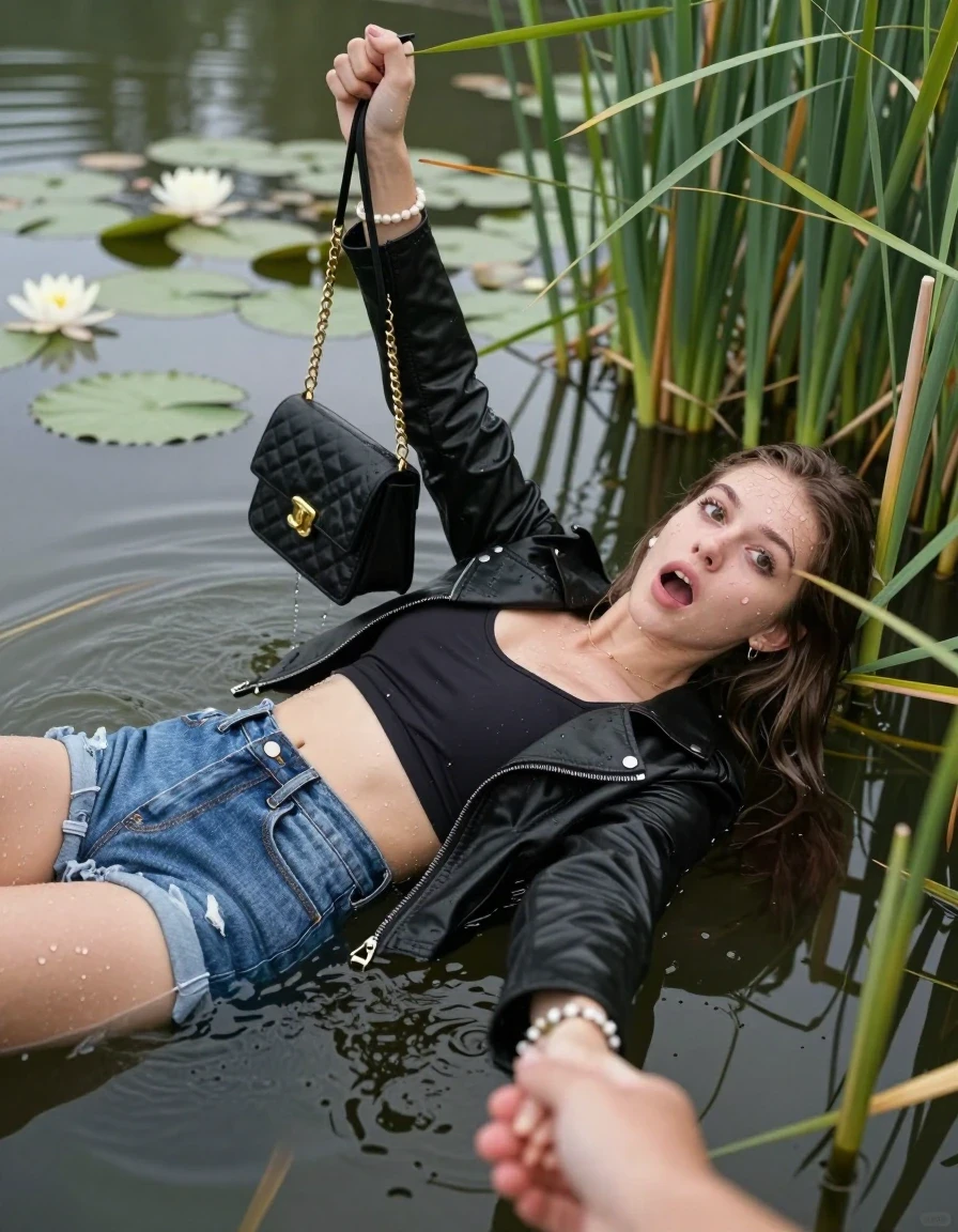 photo of young woman, in soaking wet, drenched clothes,
, sexy mini jeans short, black biker leatherjacket, tight sexy longsleeve crop top with wide neckline belly free, handbag, pearl necklace, bracelet, wristwatch, falling backwards in a lake with water lilies and reeds, 
enjoying, wet clothes stuck to body,
detailed textures of the wet clothes, wet face, wet plastered hair,
wet, drenched, professional, high-quality details, full body view.
sharp focus, ultra-high pixel detail, realistic, high-quality, full colors, incredibly detailed, 4k, 8k, 16k, hyper-realistic, RAW photo, masterpiece, ultra-detailed, professionally color graded, professional photograph, Sleek long straight hair

15 years old  teenage girl

open mouth, big eyes. 0ne hand over her mouth, hold with the other the female viewer's hand, pulling them toward the center of the water. Laying her breast and arms on the surface.  Whole body and shoulders are submerged under the surface. Looking up at camera. open mouth , big eyes

she is completely underwater up to her neck, afraid and astonished expression.

She hides in the reeds.

her submerged clothes are hardly vusible under water, she soaked her handbag into the water

close up view, wet skin, wet clothes, wet hair, damp fabric, water runs down the clothes, wet skin, wet clothes, damp fabric, wet skin, wet clothes, damp fabric, wet skin, wet clothes, damp fabric, wet skin, wet clothes, damp fabric, wet skin, wet clothes, damp fabric, wet skin, wet clothes, damp fabric, wet skin, wet clothes, damp fabric, wet skin, wet clothes, damp fabric, wet skin, wet clothes, damp fabric, wet skin, wet clothes, damp fabric, wet skin, wet clothes, damp fabric, wet skin, wet clothes, damp fabric, wet skin, wet clothes, damp fabric, wet skin, wet clothes, damp fabric, wet skin, wet clothes, damp fabric, wet skin, wet clothes, damp fabric, wet skin, wet clothes, damp fabric, wet skin, wet clothes, damp fabric, wet skin, wet clothes, damp fabric, wet skin, wet clothes, damp fabric, wet skin, wet clothes, damp fabric, wet skin, wet clothes, damp fabric